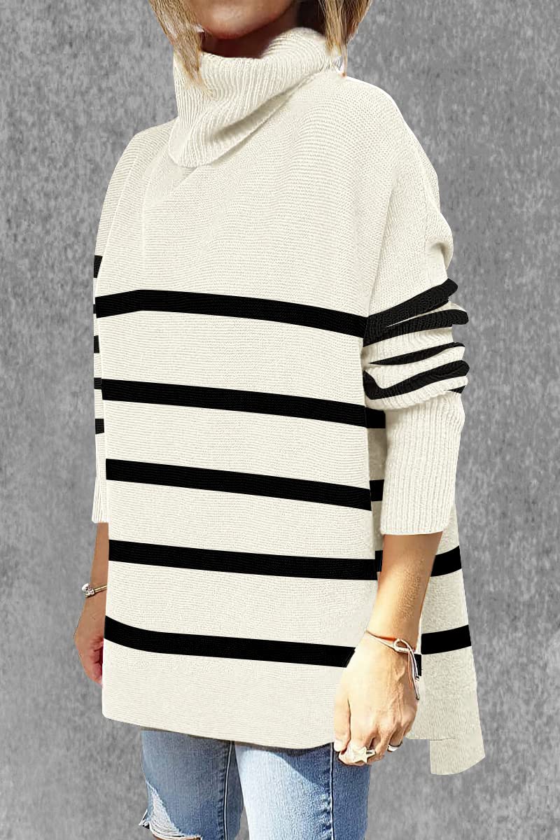 Women's Oversized Turtleneck Sweater - Long Sleeve Striped Knit Pullover with Split Hem | Cozy Winter Fashion for Casual Outfits & Office Wear
