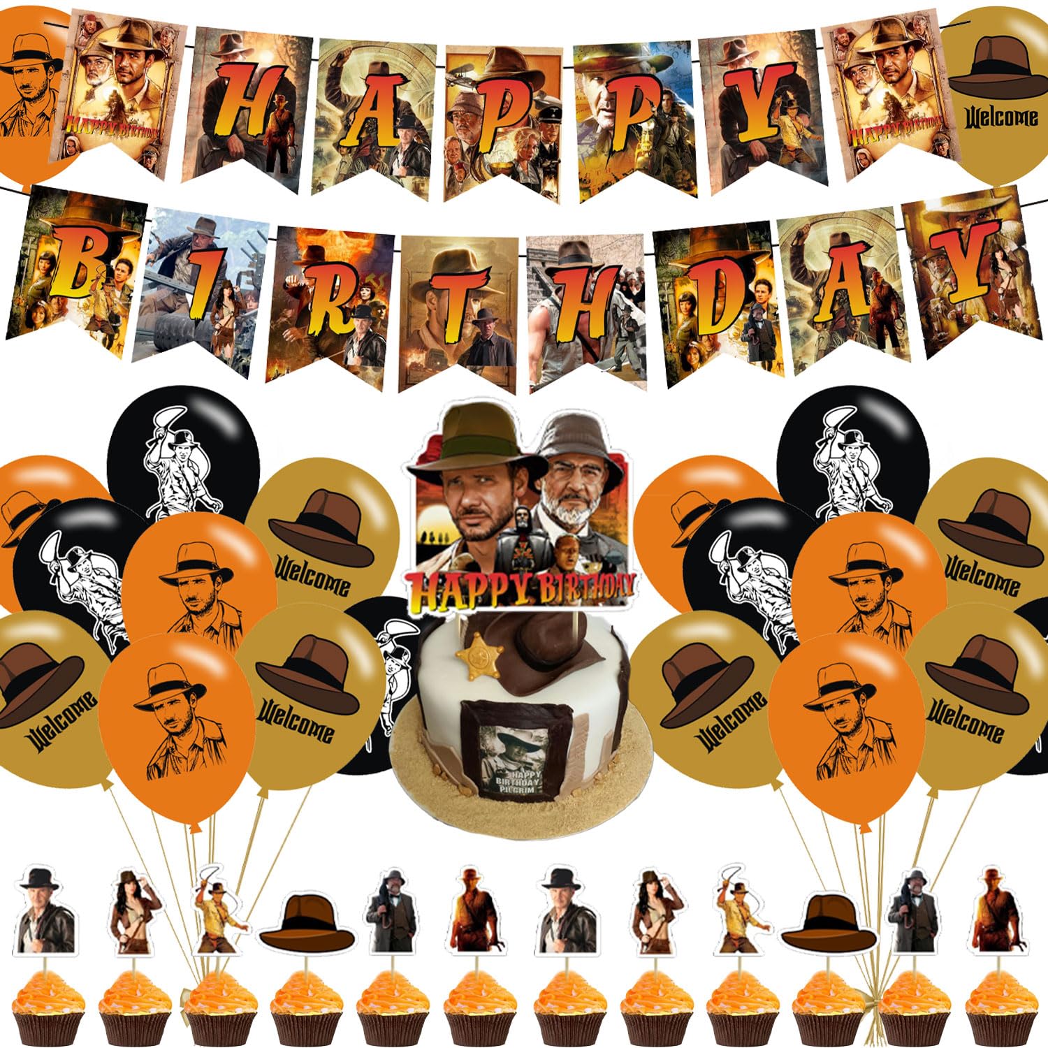 Indiana Jones Birthday Party Decorations Set - Banner, Cake Topper, 12 Cupcake Toppers & 18 Balloons - Kids Adventure Themed Party Supplies for Decorations | Perfect for Themed Birthday Parties, Movie Nights & Adventure Celebrations
