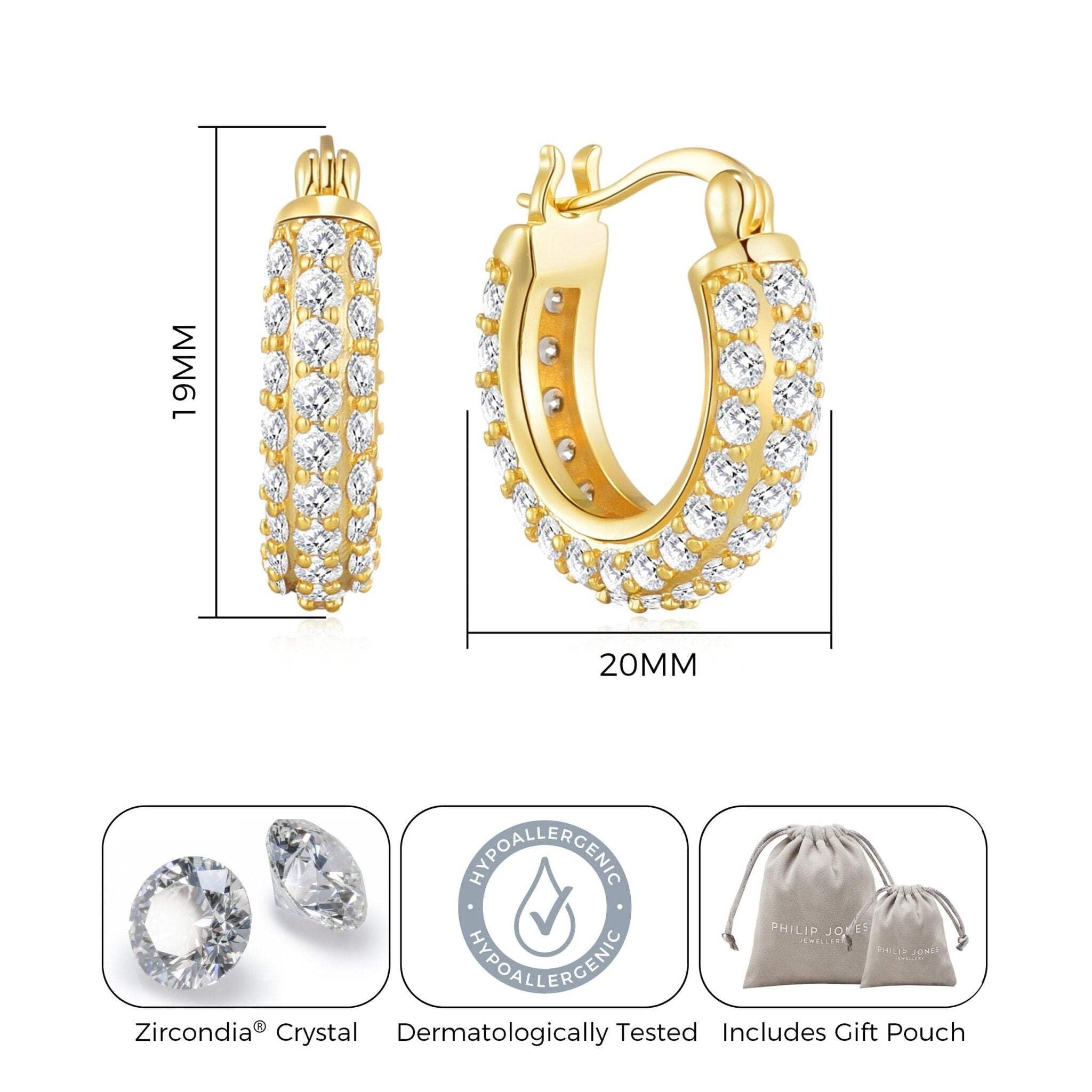 Philip Jones 20mm Gold Plated Hoop Earrings with Zircondia® Crystals - Elegant Cubic Zirconia Studded Hoops for Women, Perfect for Parties, Weddings & Everyday Wear