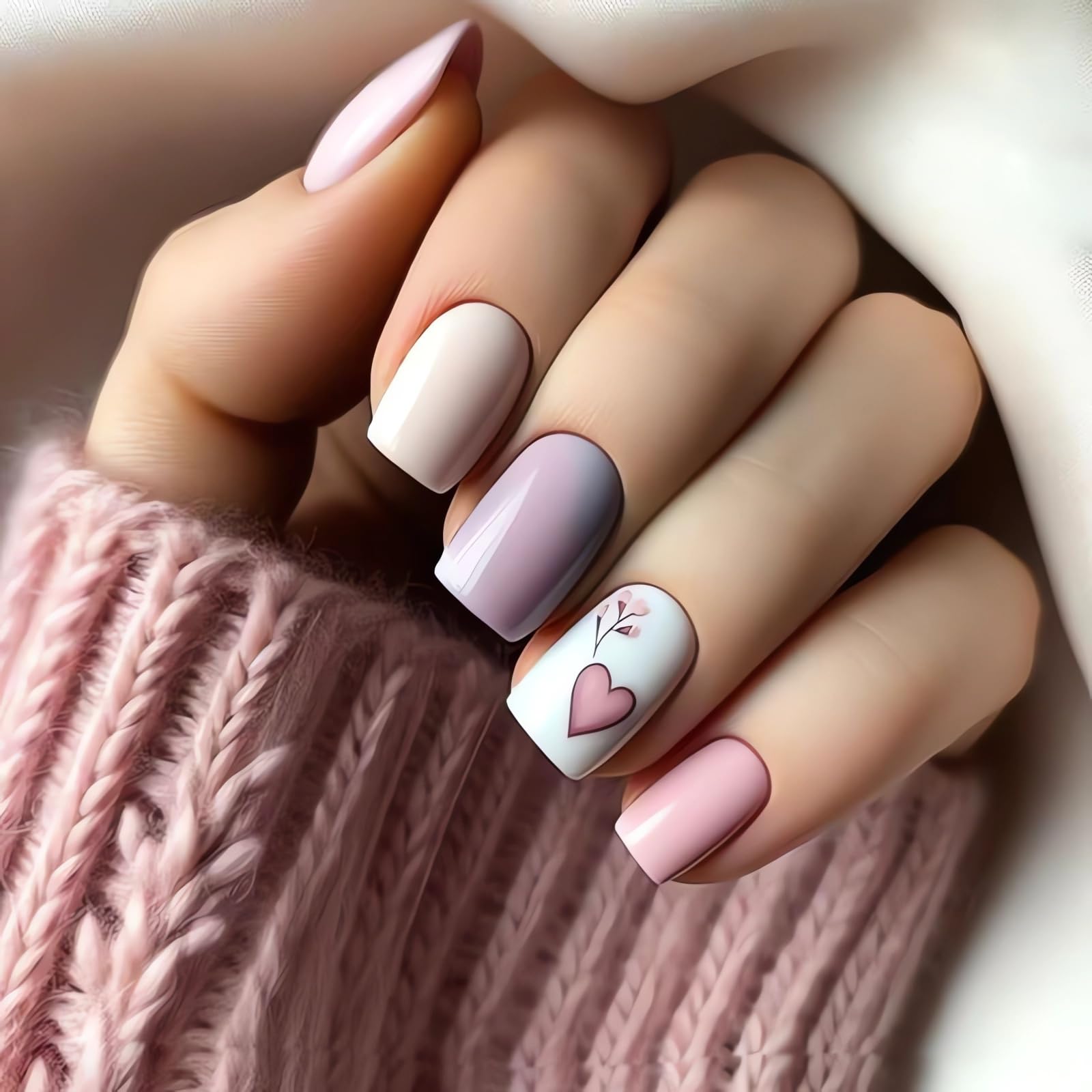 Valentine's Day Press On Nails Short Square Fake Nails - 24Pcs Heart Design Glossy Pink False Nails with Glue | Full Cover Stick On Nails for Women | Perfect for Date Night, Bridal Shower & Romantic Occasions
