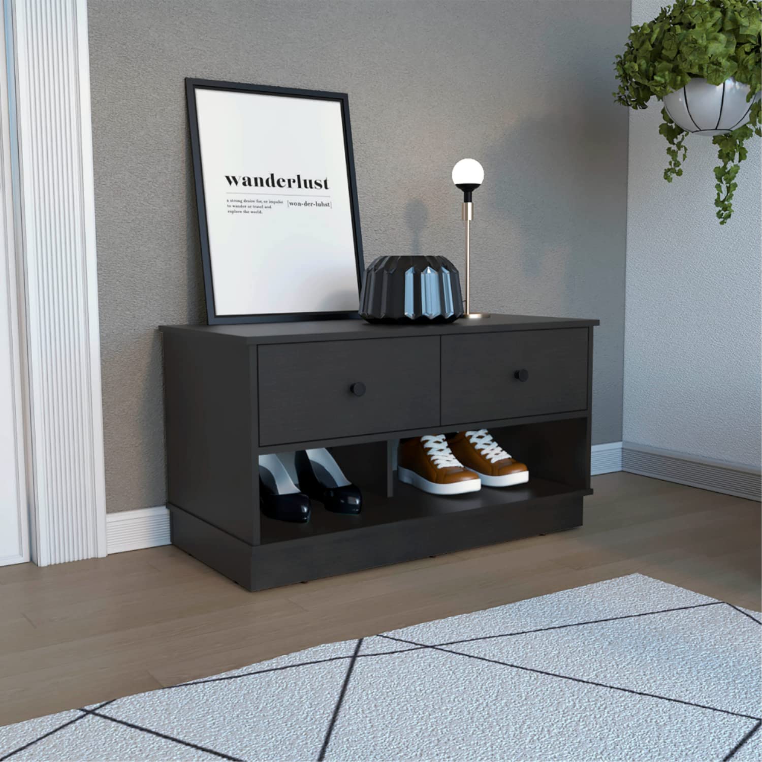 Uranus Storage Bench with 2 Drawers & 2 Open Shelves - Black Entryway Bench for Hallway, Bedroom & Living Room Organization