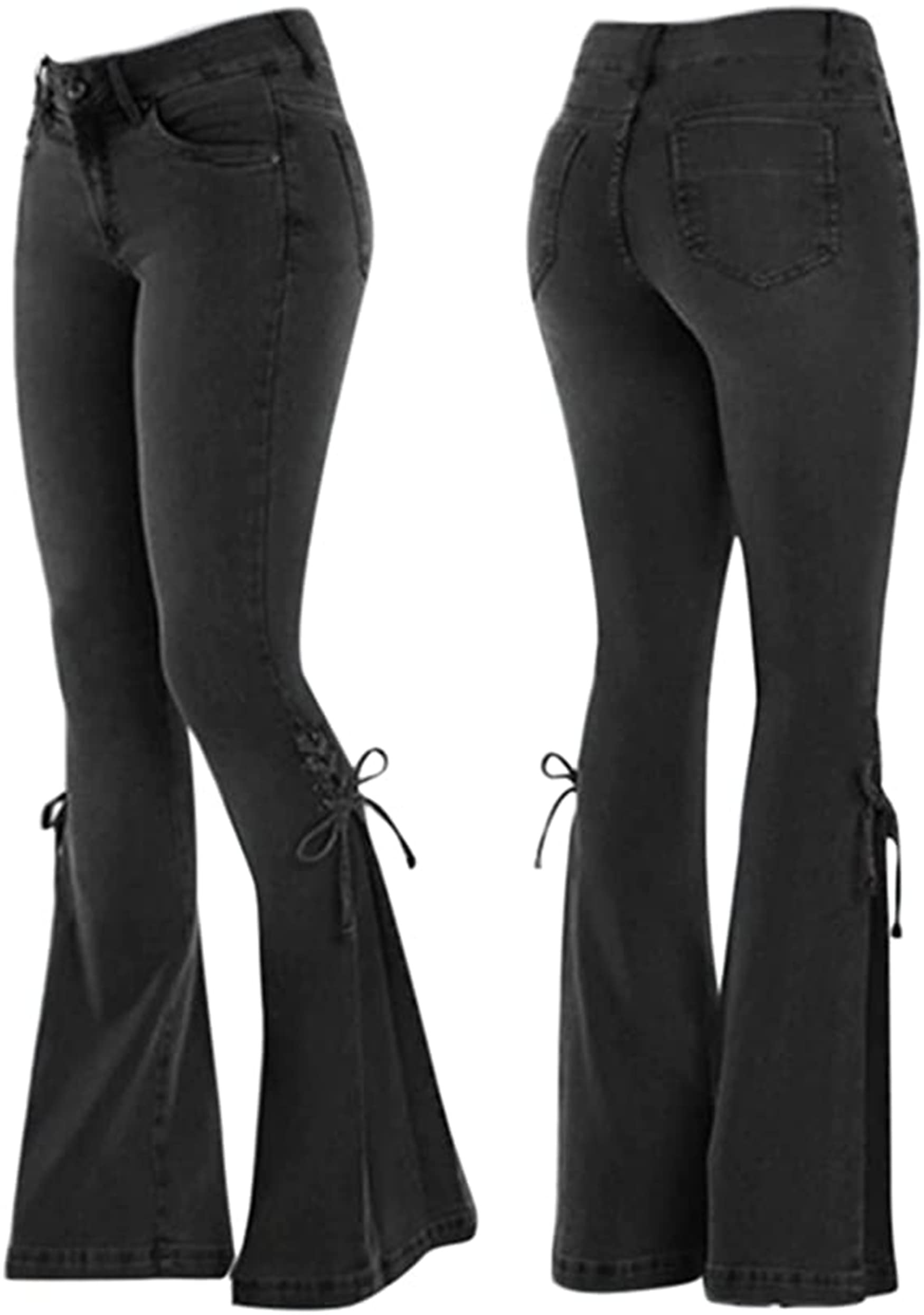 **Women's Stretchy Bell Bottom Jeans - High Waist Flare Denim Pants with Lace-Up Detail, Comfortable & Stylish (Medium 32.2W, Black) - Perfect for Casual Outfits, Retro Fashion & Boho Looks**