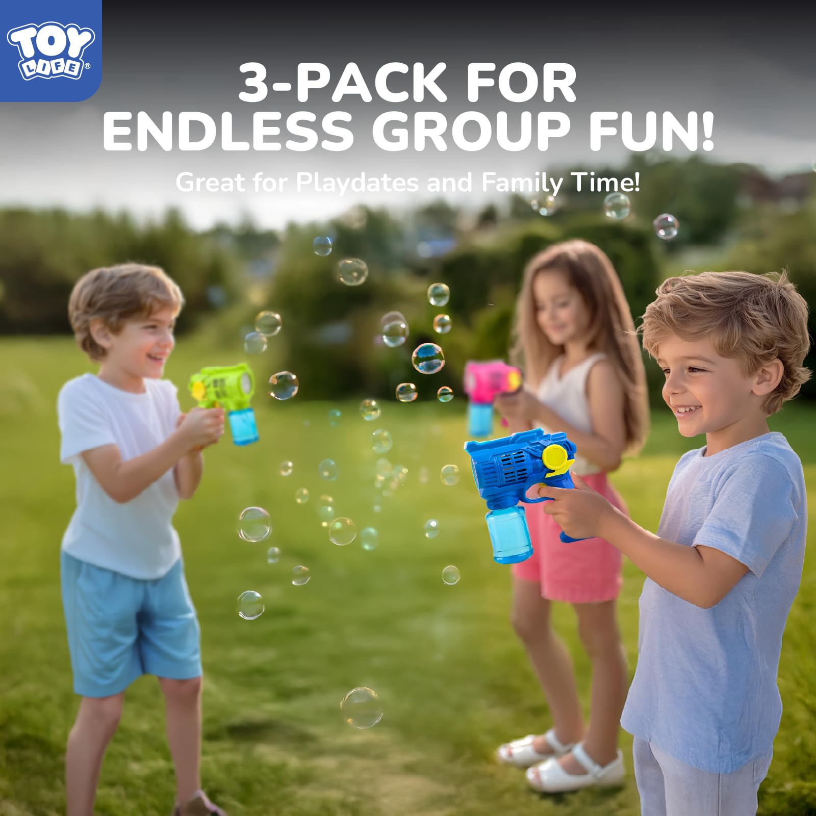 Toy Life 3 Pack Automatic Bubble Guns for Kids - Leakproof & Lightweight Bubble Blower Machine - Outdoor Summer Toys, Easter Basket Stuffers, Birthday Party Favors for Toddlers Boys & Girls - Perfect for Backyard Play, Birthday Parties, and Outdoor Festivals