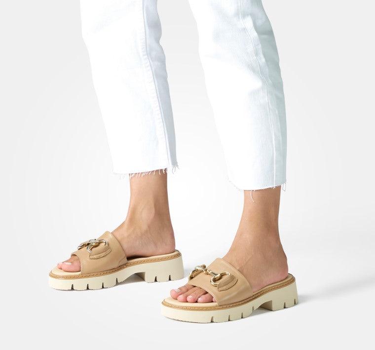PAUL GREEN 6051 Women's Chunky Sole Camel Leather Sliders - Comfortable Slide-On Mules for Casual Wear, Beach, and Summer Outfits