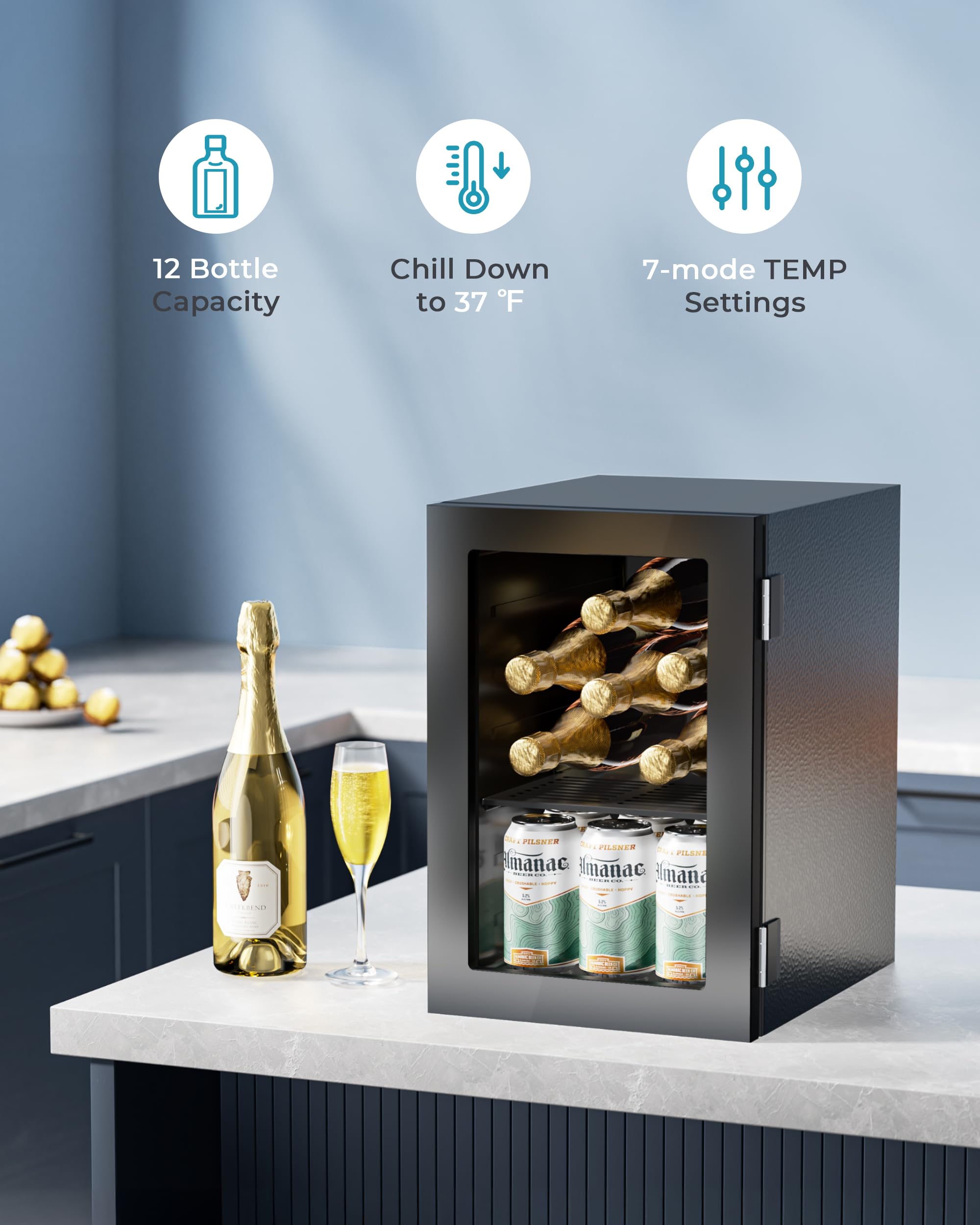 EUHOMY 6 Bottle & 6 Can Countertop Wine Cooler Refrigerator with Glass Door - 37°F-57°F Adjustable Temperature, Advanced Cooling Technology, Removable Shelves for Home, Kitchen, Office | Perfect for Storing Wine, Beer, and Beverages in Small Spaces