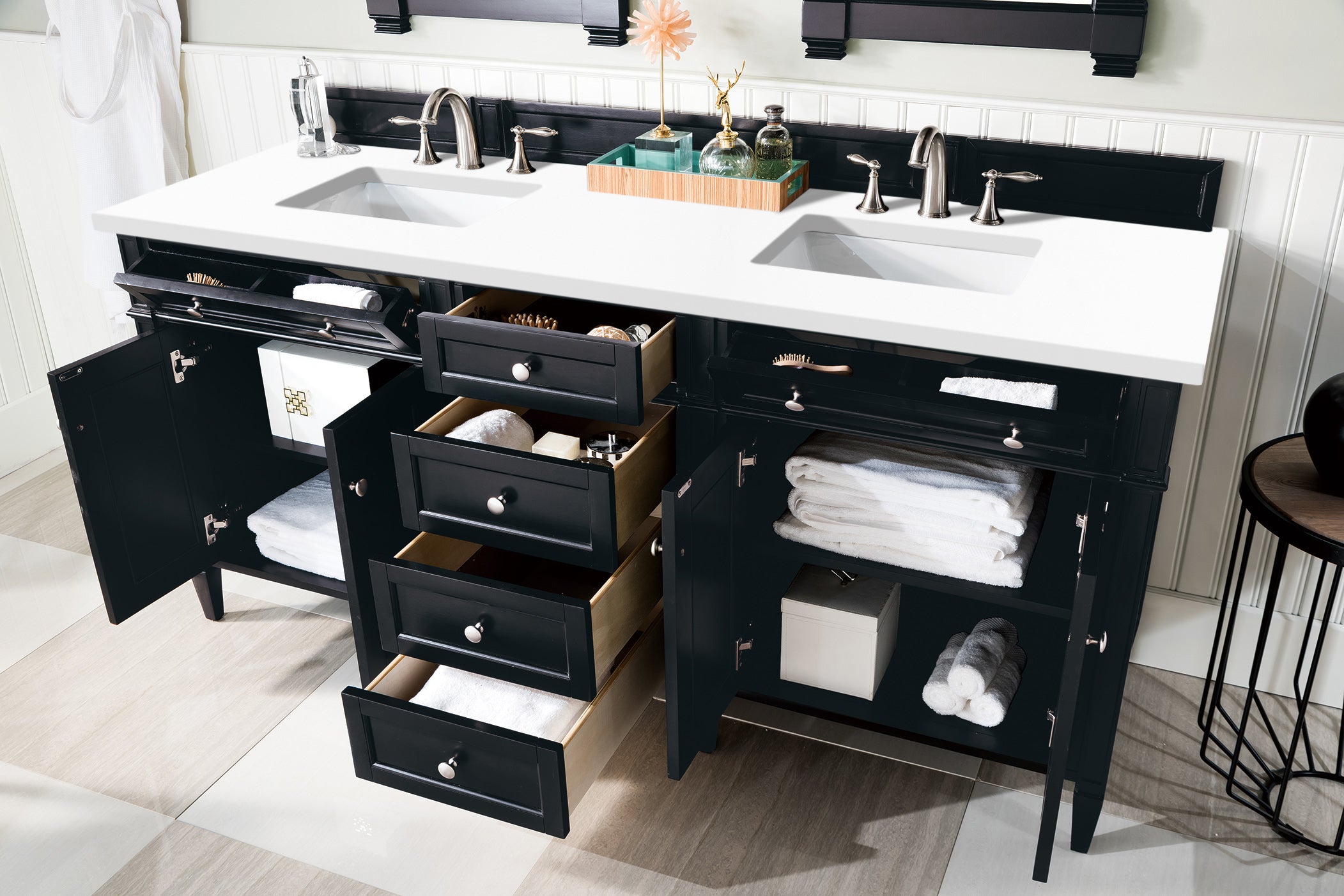 Brittany 72-Inch Black Onyx Double Vanity with 3CM White Zeus Quartz Countertop - Modern Bathroom Vanity for Master Bath & Guest Bathroom