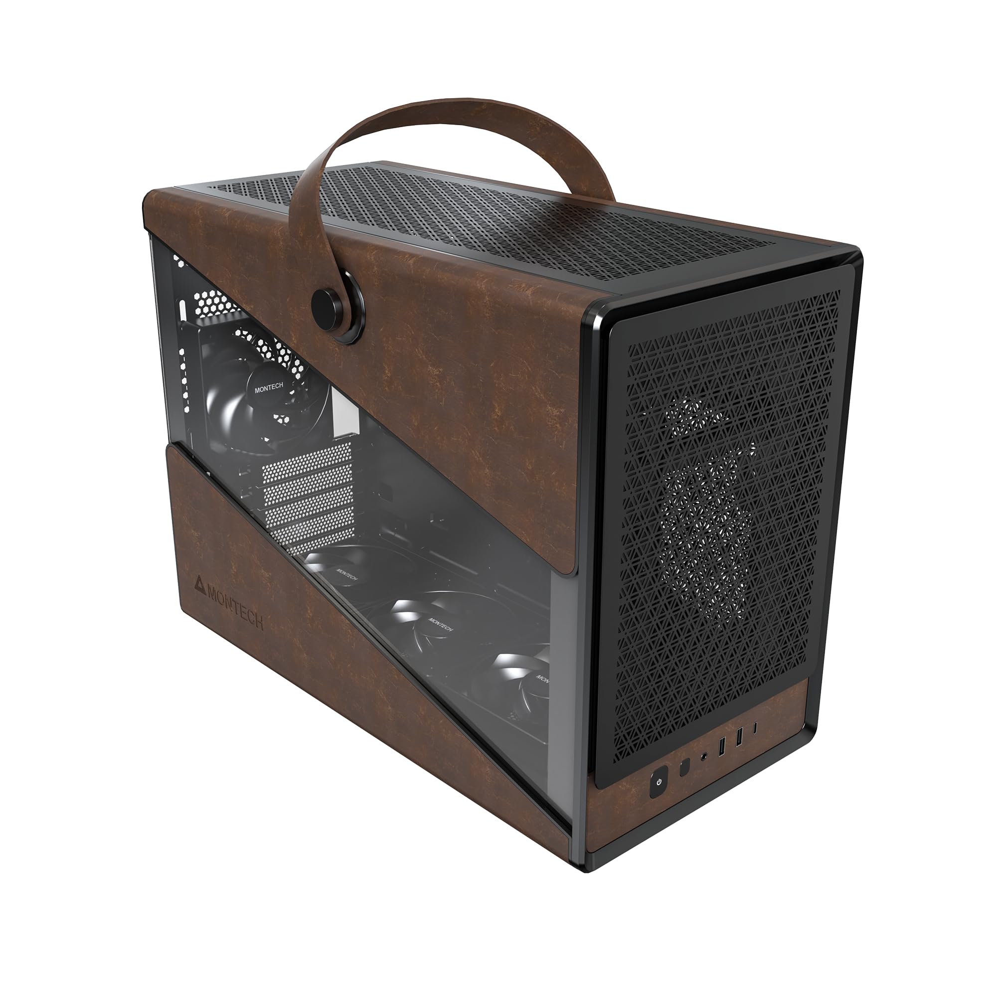 MontECH Heritage PRO mATX Gaming Case - Compact Leather Chassis with Signature Handle, Supports RTX 50 Series GPUs, ATX PSU & 360mm AIO, 4 Pre-Installed Fans, Headphone Hanger - Black (PRO) | Perfect for Compact Gaming Setups & LAN Parties