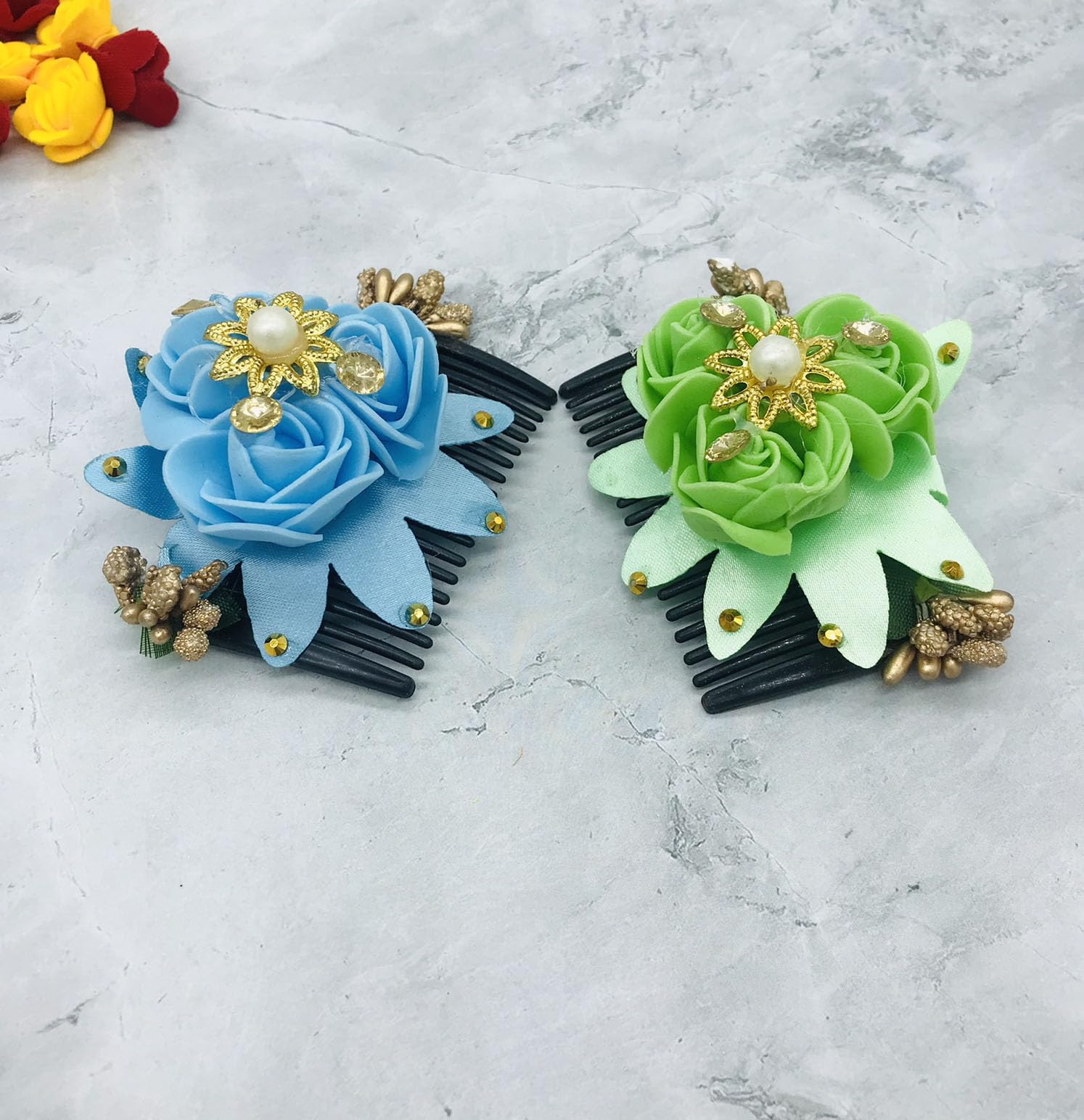 Gadinfashion™ Artificial Flower Juda Comb - Elegant Side Hair Comb for Women & Girls, Perfect Wedding & Party Hair Accessories (Pack of 2) - Great for Bridal Hairstyles, Prom, Special Occasions & Everyday Wear