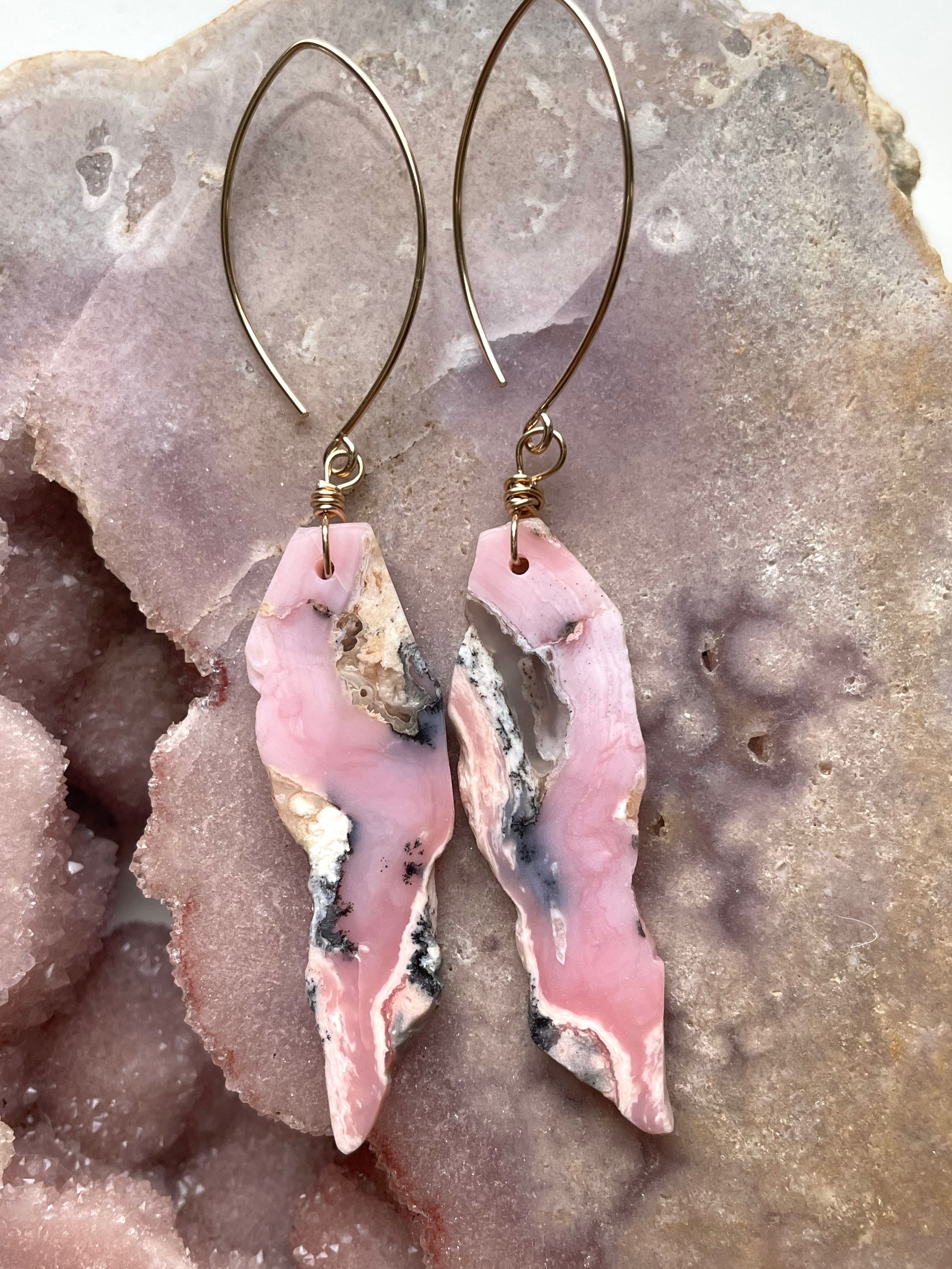Pink Opal Gold Filled Statement Crystal Gemstone Earrings for Women | Elegant Dangle Drop Earrings for Party, Wedding & Special Occasions