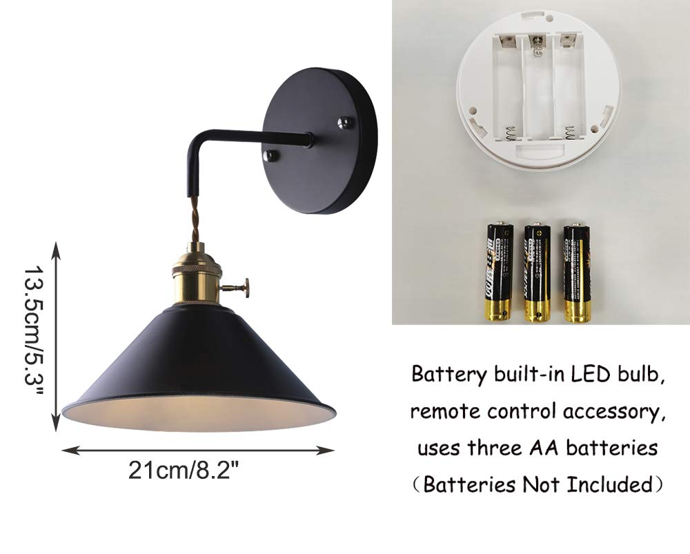 2-Pack 100 Lumens LED Wall Sconce with Remote Control - Battery Operated Cordless Wall Light, Black Metal Shade, Dimmable Multi-Function Lamp for Hallway, Loft, Bedroom & Living Room Decor - Easy Installation (Batteries Not Included)