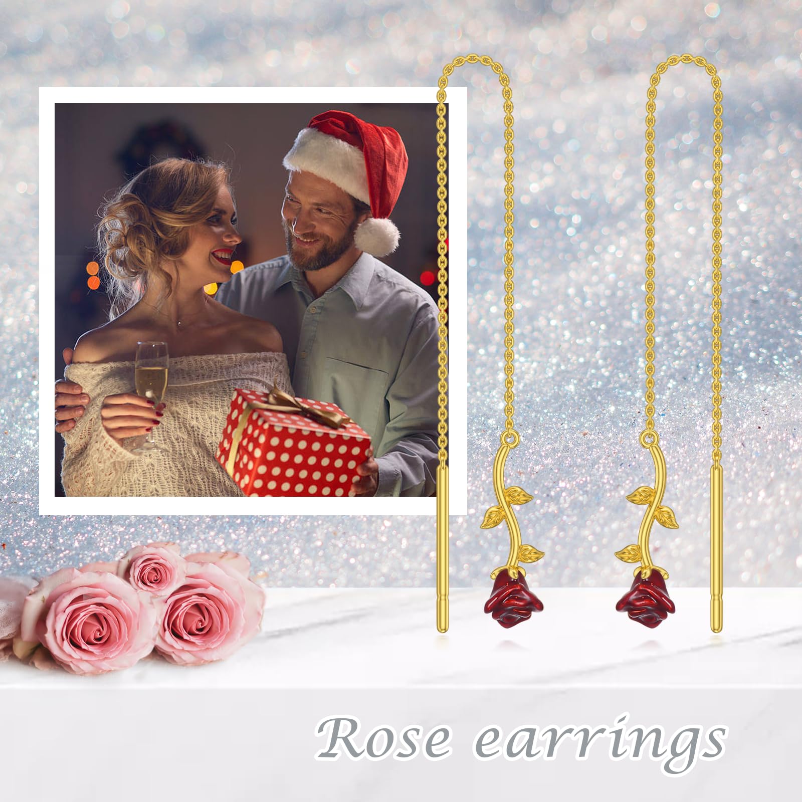 Rose Earrings for Women - Sterling Silver Rose Threader Dangle Earrings with Pull-Through Chain - Elegant Flower Jewelry Gift for Her | Perfect for Weddings, Date Nights & Special Occasions
