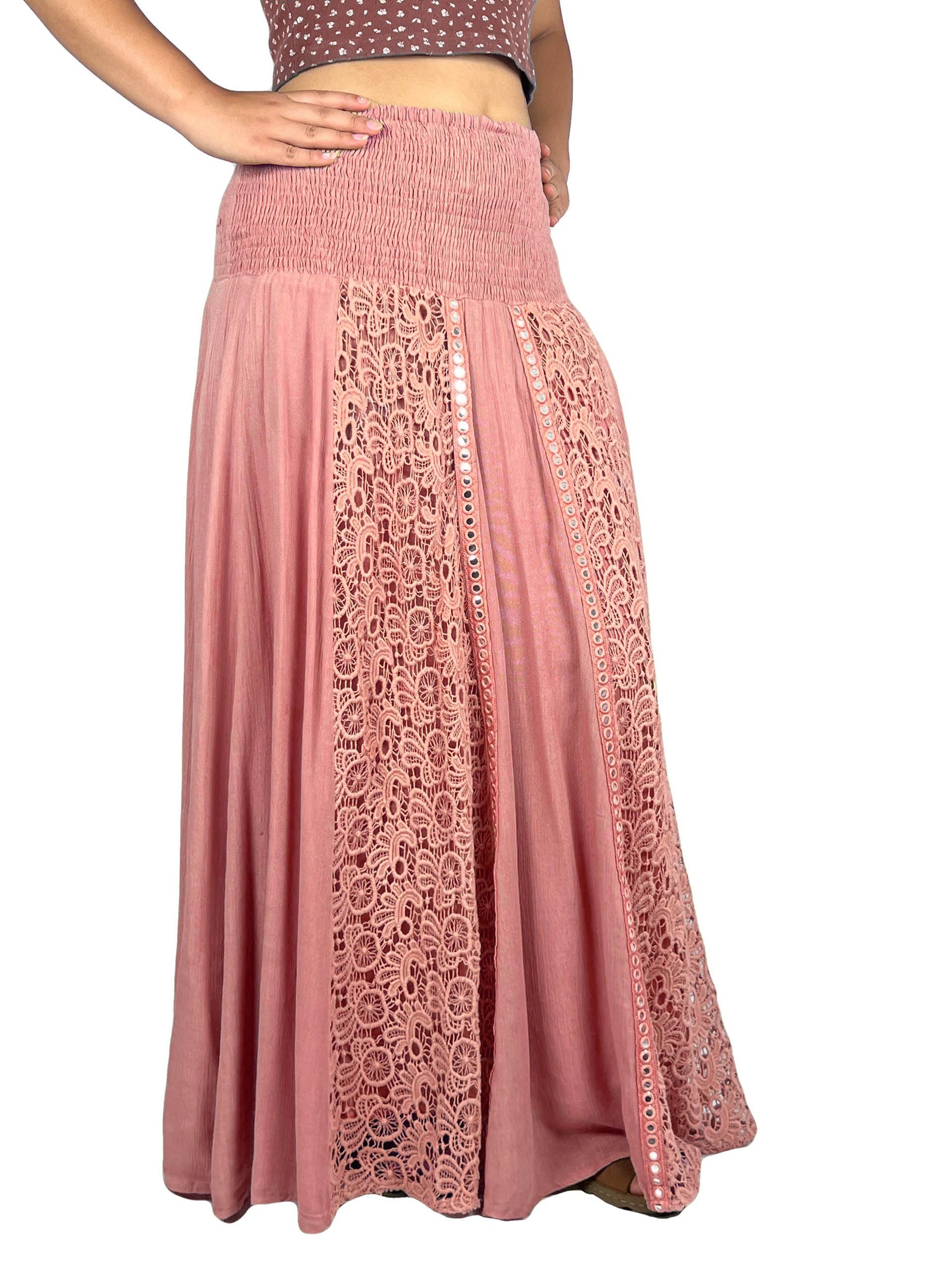 Agan Traders Women's Bohemian Maxi Skirt - Soft Rayon Smocked Elastic Waist Long Gypsy Skirt for Spring 2025 | Perfect for Beach, Music Festivals & Boho Chic Outfits