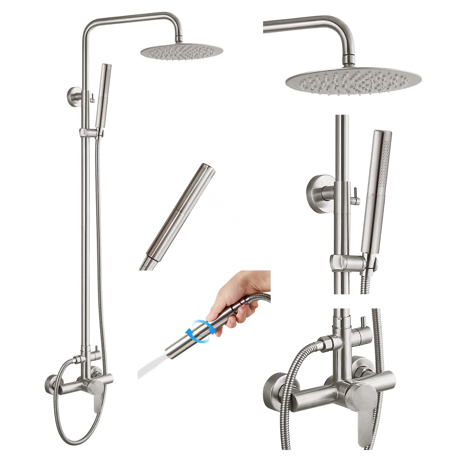 Gotonovo Outdoor Shower Faucet Set - Brushed Nickel 304 Stainless Steel Shower Head with 2-in-1 Cylinder Handheld Spray - 2 Function Exposed Wall Mount Single Handle Combo - Perfect for Patio, Poolside & RV Use