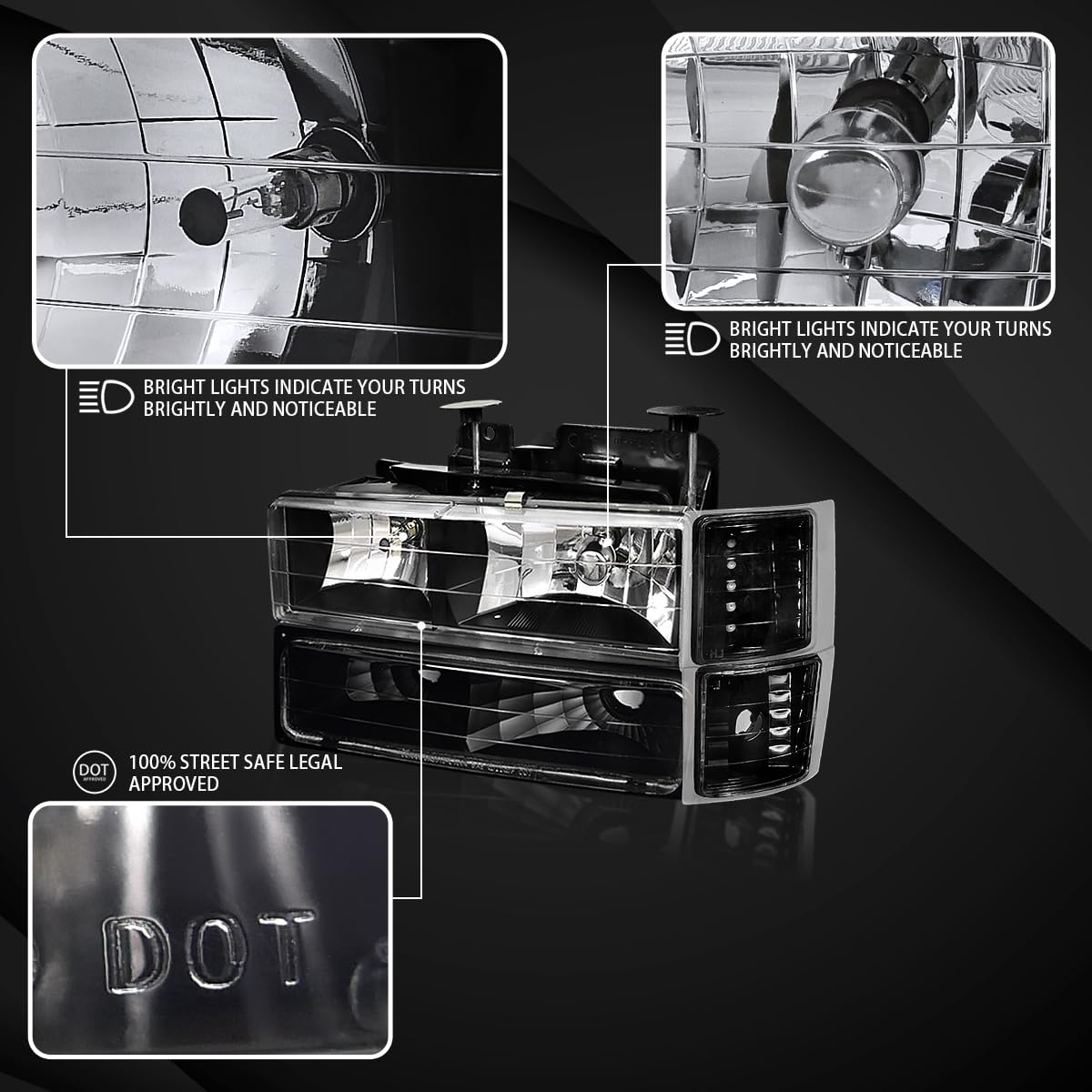 Autozensation Compatible with Chevy C/K C10 Pickup 1994-1998 & Silverado - Black Headlights with Bumper Lights & Corner Signal Lamps (Left + Right Pair Assembly) - Perfect for Night Driving & Off-Road Adventures
