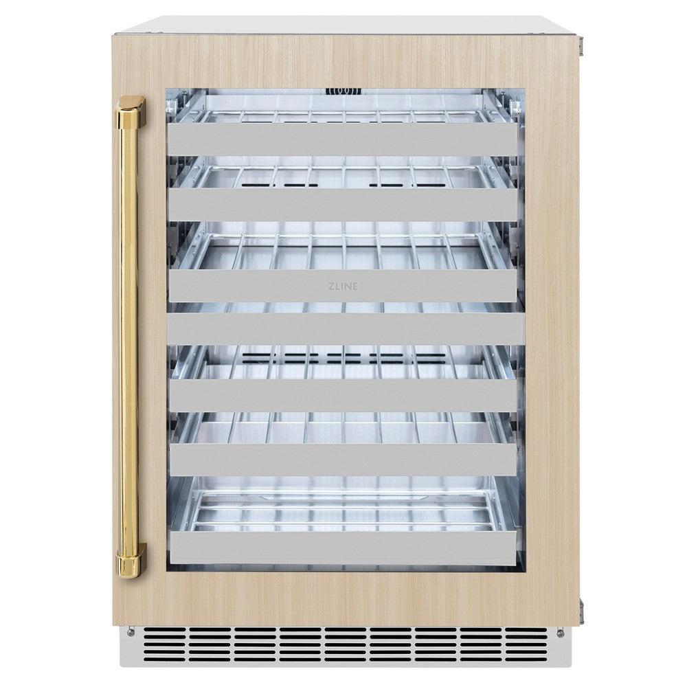 ZLINE Autograph Edition 24 Inch Touchstone Dual Zone 44 Bottle Wine Cooler with Panel Ready Glass Door & Polished Gold Handle - Perfect for Home Bars, Wine Cellars, and Entertaining Guests (RWDPOZ 24 G)