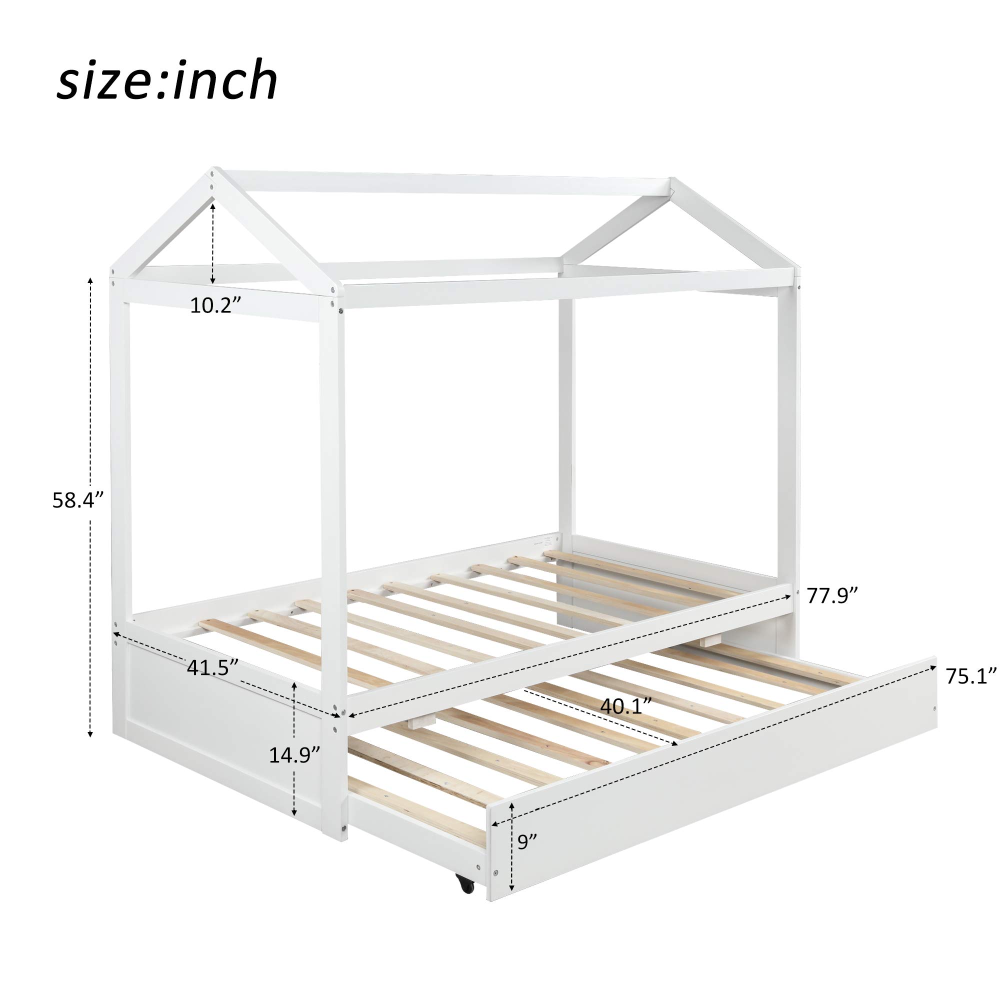 Bellemave Twin House Bed with Trundle - Kids Playhouse Bed with Roof - Twin Size Toddler Daybed Frame for Boys & Girls - White - Perfect for Bedrooms, Playrooms & Sleepovers