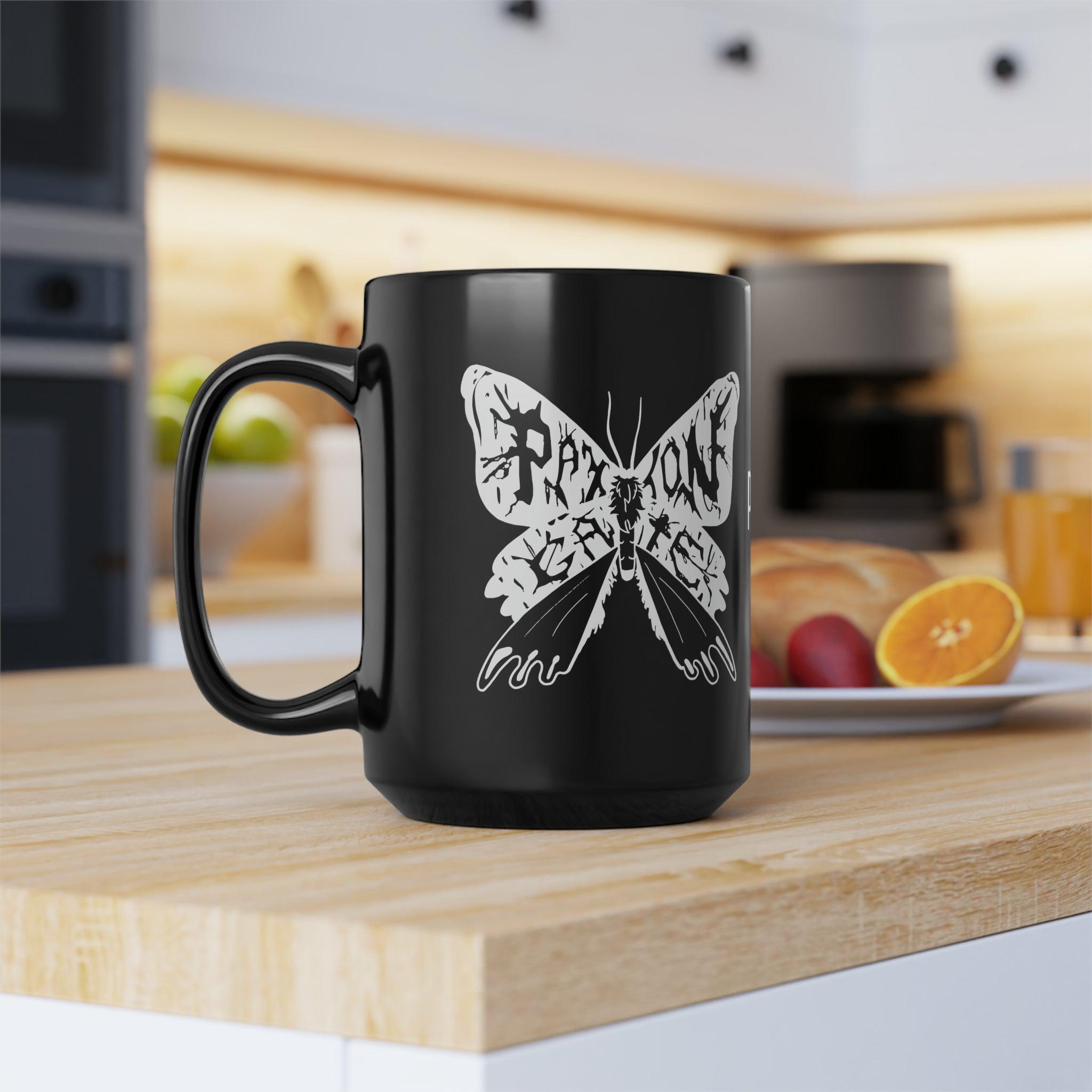 Black Paxton Gate Moth Mug - Unique Ceramic Coffee Cup with Moth Design - Perfect for Tea, Coffee, or Hot Chocolate at Home or Office
