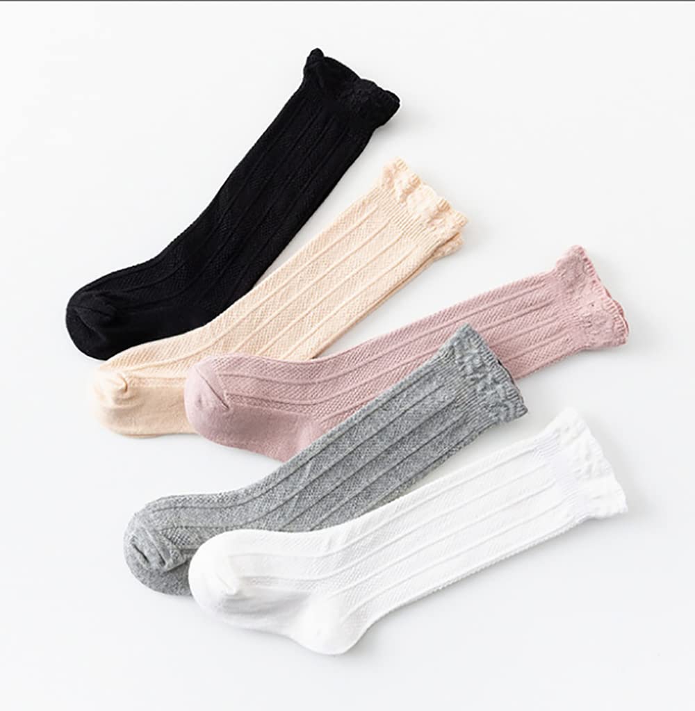 Jiuhong Baby Girl & Boy Lace Stockings - Soft Cotton Knit Knee-High Socks (5 Pairs) - Perfect for Newborn Photoshoots, Special Occasions & Everyday Wear