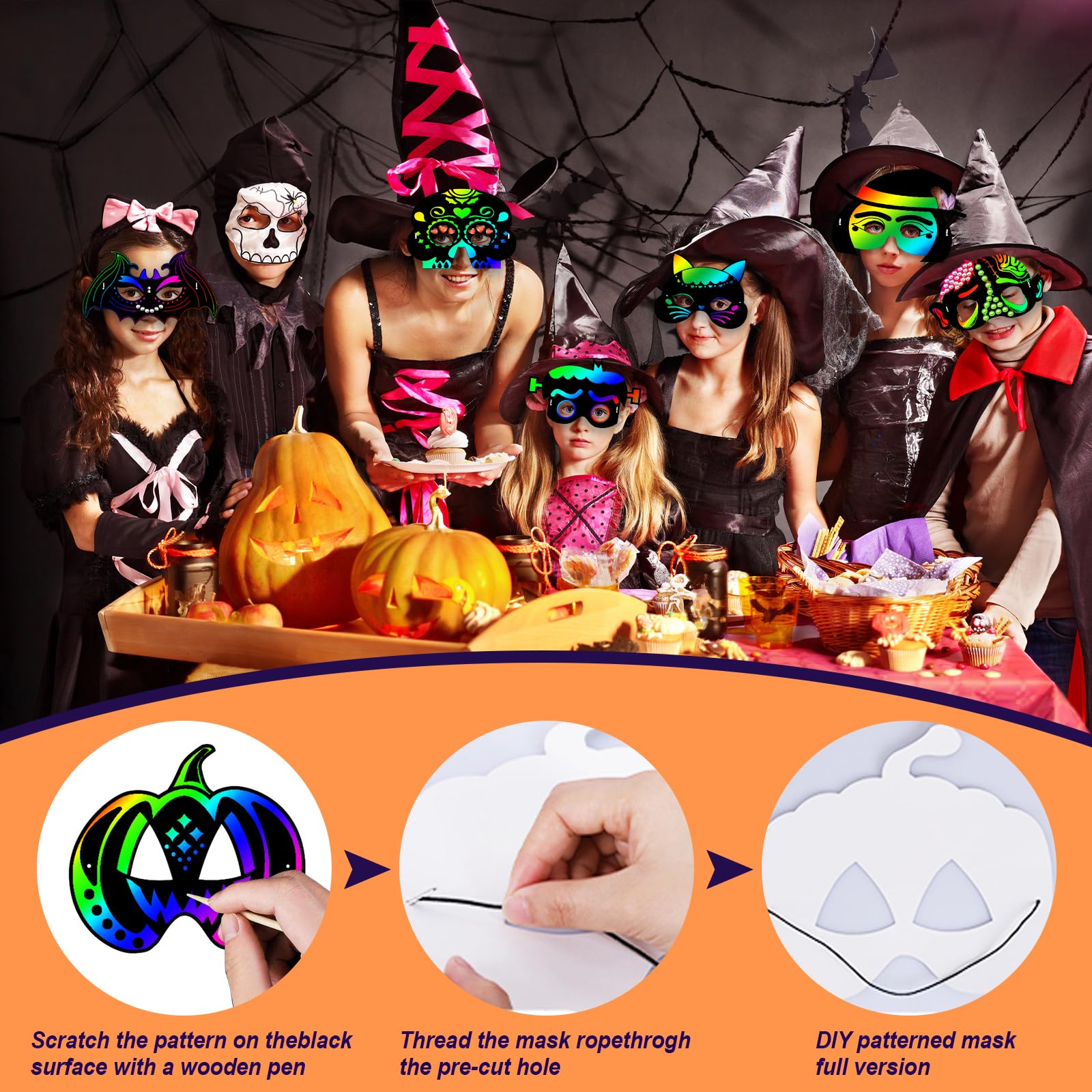 32Pcs Halloween Scratch Art Kit for Kids - Rainbow Scratch Masks, DIY Halloween Crafts, Classroom Party Supplies & Games | Perfect for Halloween Parties, Classroom Activities & Creative Fun