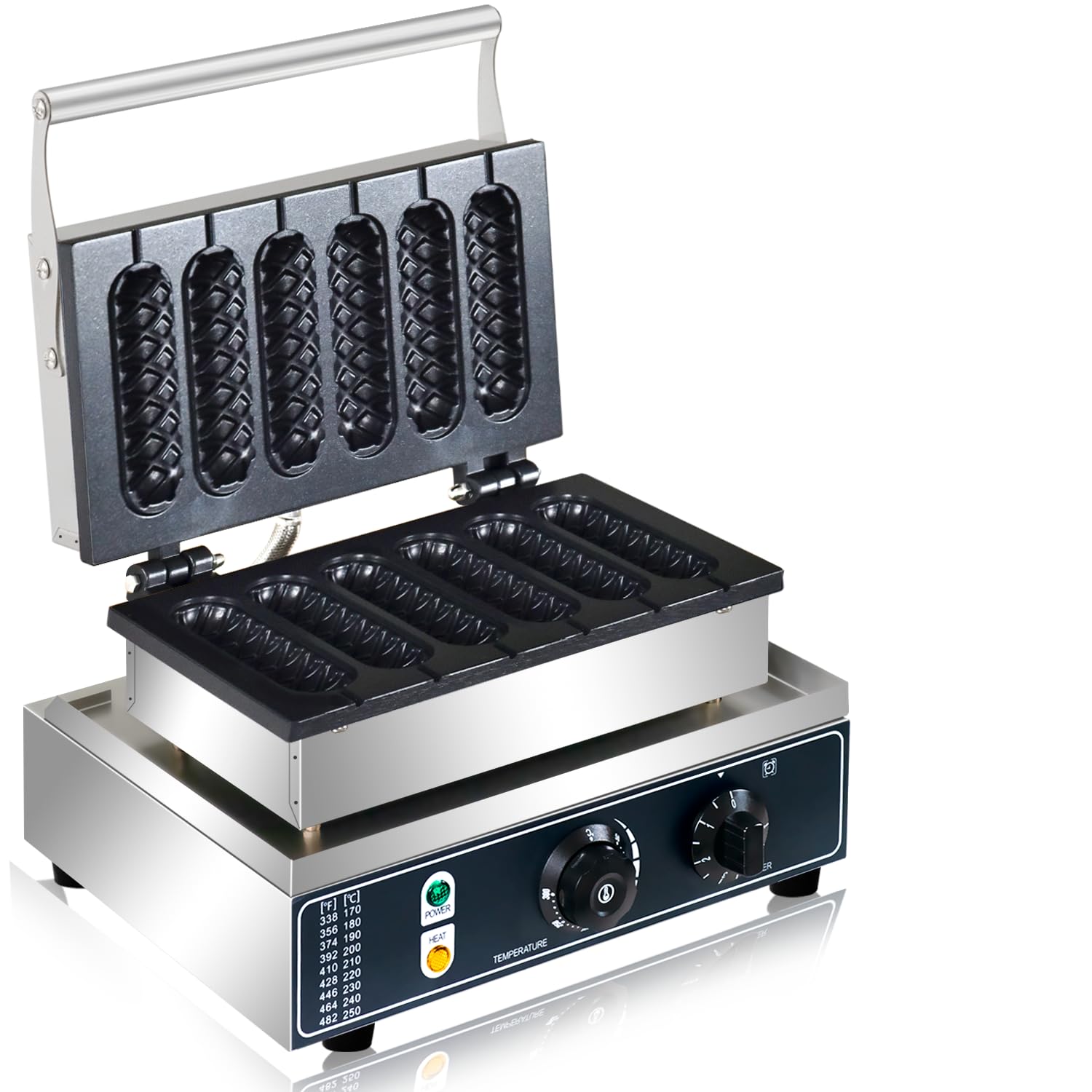 Commercial Corn Dog Waffle Maker 1600W - 6 Slice Non-Stick Stainless Steel Waffle Iron with Temperature & Time Control - Perfect for Restaurants, Bakeries, Snack Bars & Home Use - Make Delicious Corn Dog Waffles with Lolly Sticks for Parties, Events & Quick Snacks