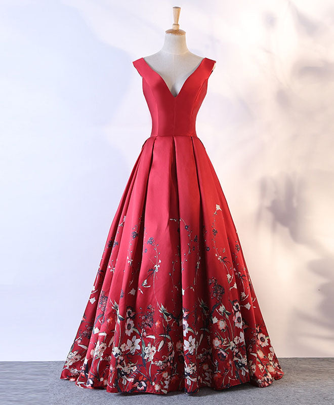 Elegant Red Floral Long Prom Dress for Women - Formal Evening Gown for Homecoming, Wedding, and Special Occasions