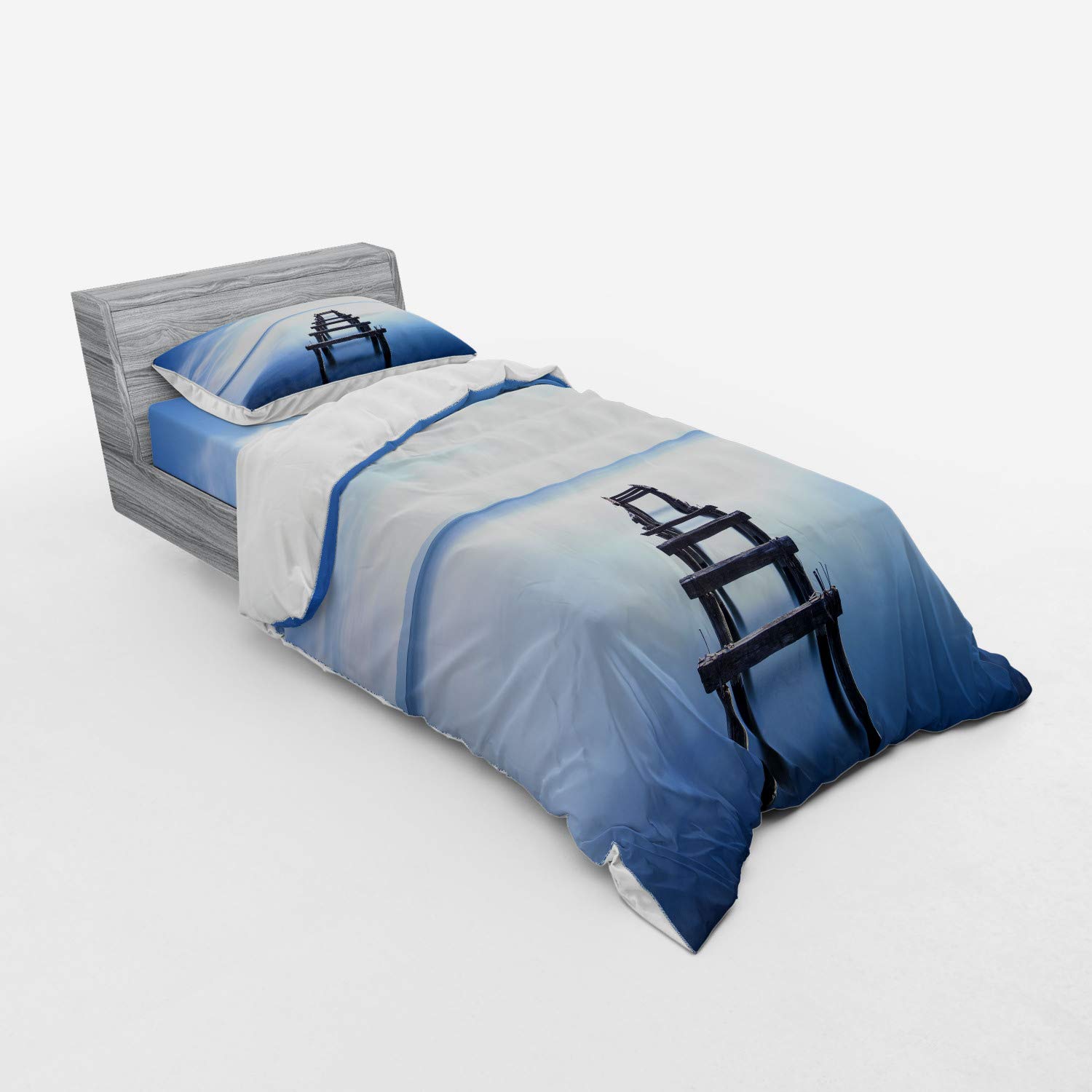 Ambesonne Landscape Duvet Cover Set - Old Jetty Lake View with Blue Sky Horizon, 3-Piece Bedding Set with Pillow Sham & Fitted Sheet, Twin XL Size in Blue White Brown | Nature Themed Bedroom Decor for Coastal & Lakeside Retreats