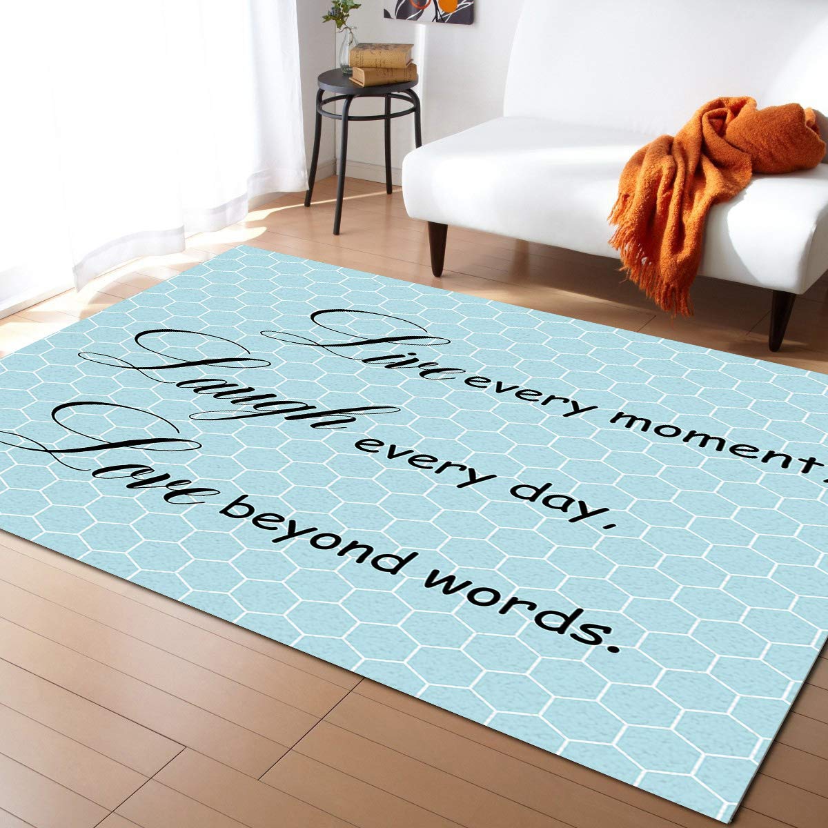 Non-Slip Contemporary Indoor Area Rug with Retro Blue Hive Design - 5' x 7' Washable Rubber-Backed Carpet for Living Room & Bedroom Decor | Fade-Proof, Positive Quotes | Perfect for Home Office, Dorm, or Nursery