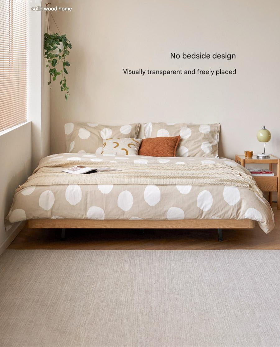 Solid Oak Wood Platform Bed - Headboard Free Modern Design with Night Light - Perfect for Bedroom, Guest Room & Small Spaces