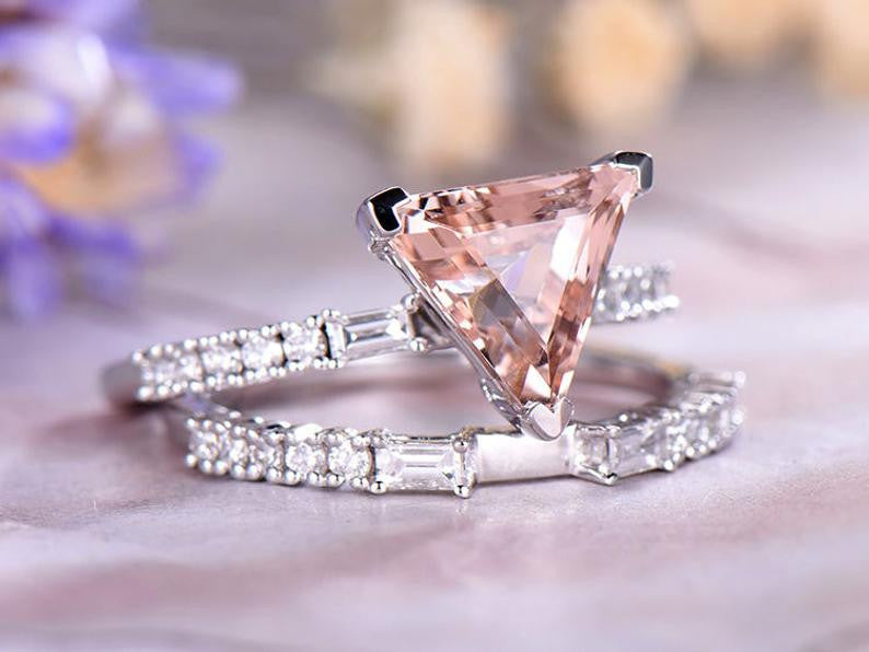 14K Rose Gold 9mm Trillion Cut Morganite Ring Set | Elegant Wedding, Engagement & Anniversary Jewelry Gift for Women