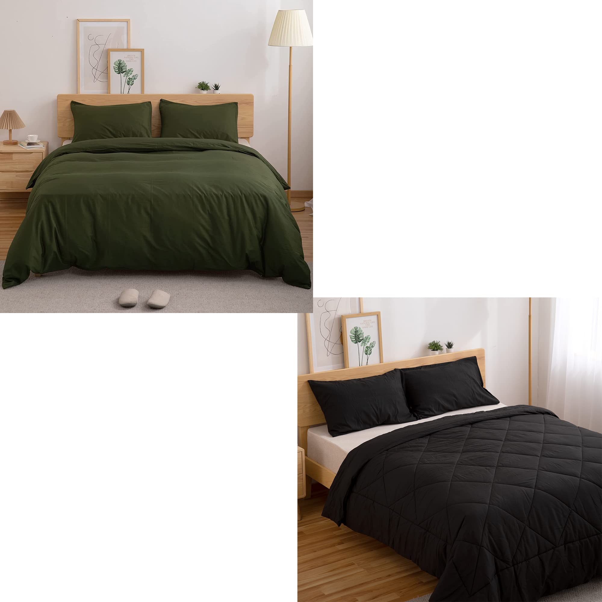 ATsense 6-Piece King Size Bedding Set - Soft Washed Cotton Green Duvet Cover & Microfiber Black Comforter Set | All-Season Luxury Bedding for Master Bedroom, Guest Room & Vacation Homes