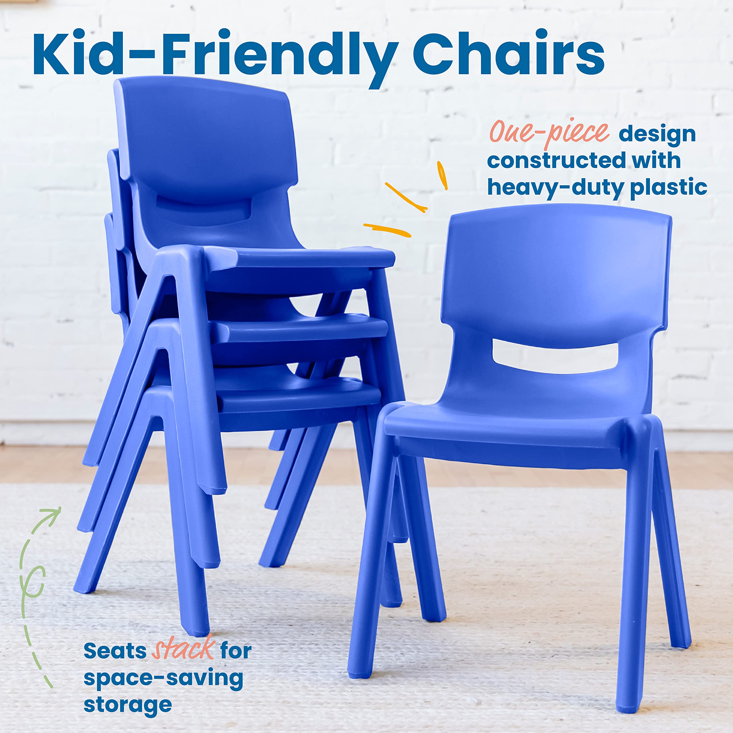 ECR4Kids 14-Inch Plastic Stackable School Chairs for Classroom, Daycare & Home - Set of 4, Blue - Durable Kids Furniture for Learning, Dining & Play Areas