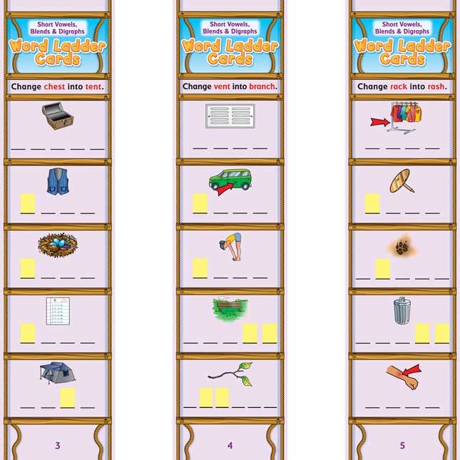 Really Good Stuff Short Vowels, Blends & Digraphs Word Ladder Cards - 28 Phonics Flash Cards for Kids | Classroom Learning & Homeschool Reading Activities