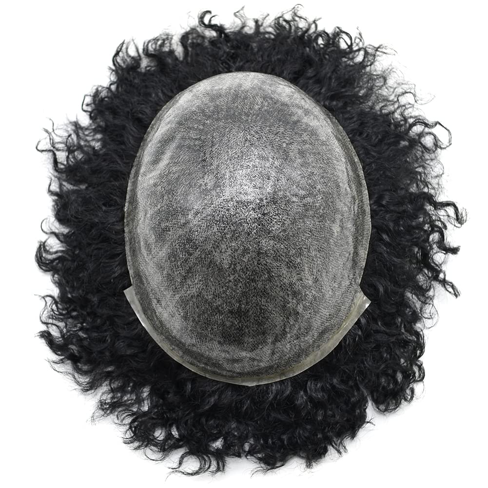 **Afro Curly Men's Toupee - Full Poly African American Hairpiece with Injected PU Skin - Kinky Curly Wigs for Black Men (8x10, Jet Black -10mm) - Perfect for Daily Wear, Cosplay & Special Events**