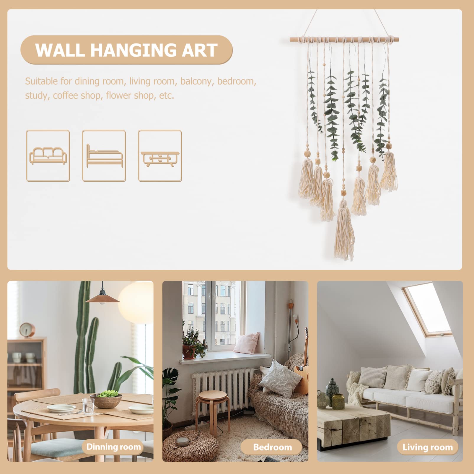 FOMIYES Macrame Woven Wall Hanging with Artificial Leaves - Bohemian Home Decor for Wedding, Nordic & Plant Decor - Perfect for Living Room, Bedroom & Boho Wedding Backdrop