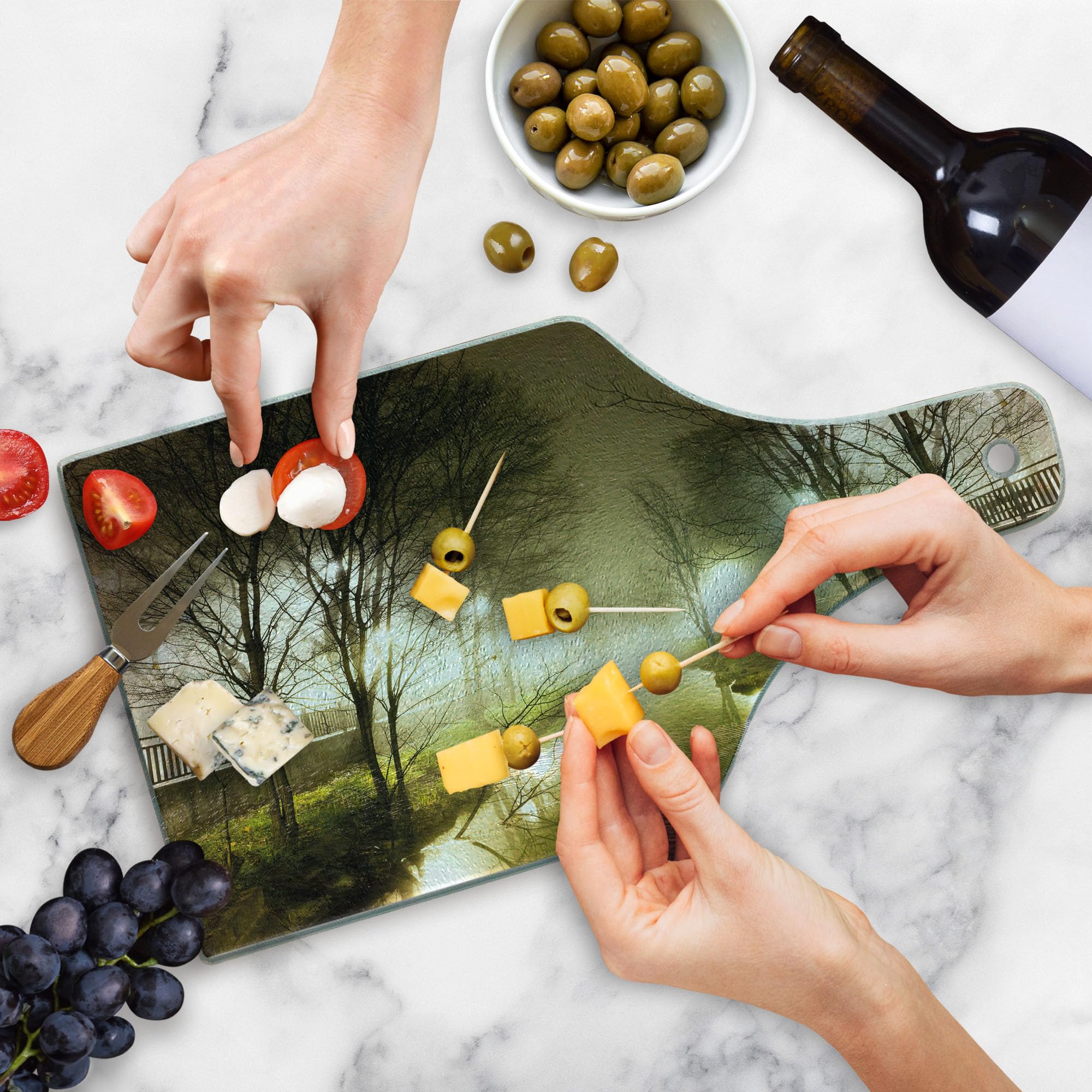 Ambesonne Forest Themed Tempered Glass Cutting Board - Winter Night Trees & Foggy Street Design - Wine Bottle Shape Serving Board for Kitchen & Dining - White Green Brown Decorative Board for Charcuterie, Cheese & Wine Pairing