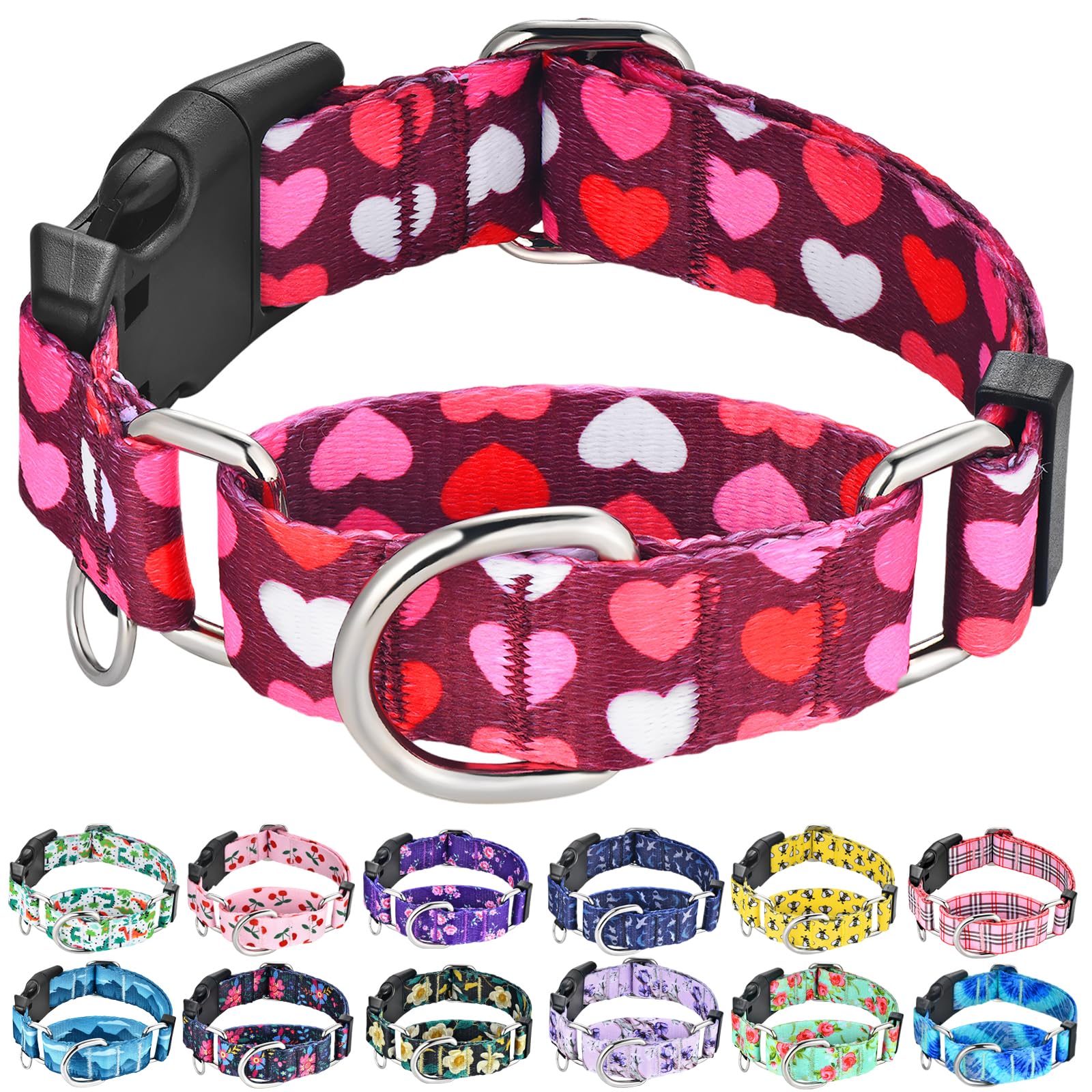 Valentine's Day Pink Martingale Dog Collar with Adjustable Buckle - Heart Design Burgundy Love Large Pet Collar for Training, Walks & Special Occasions