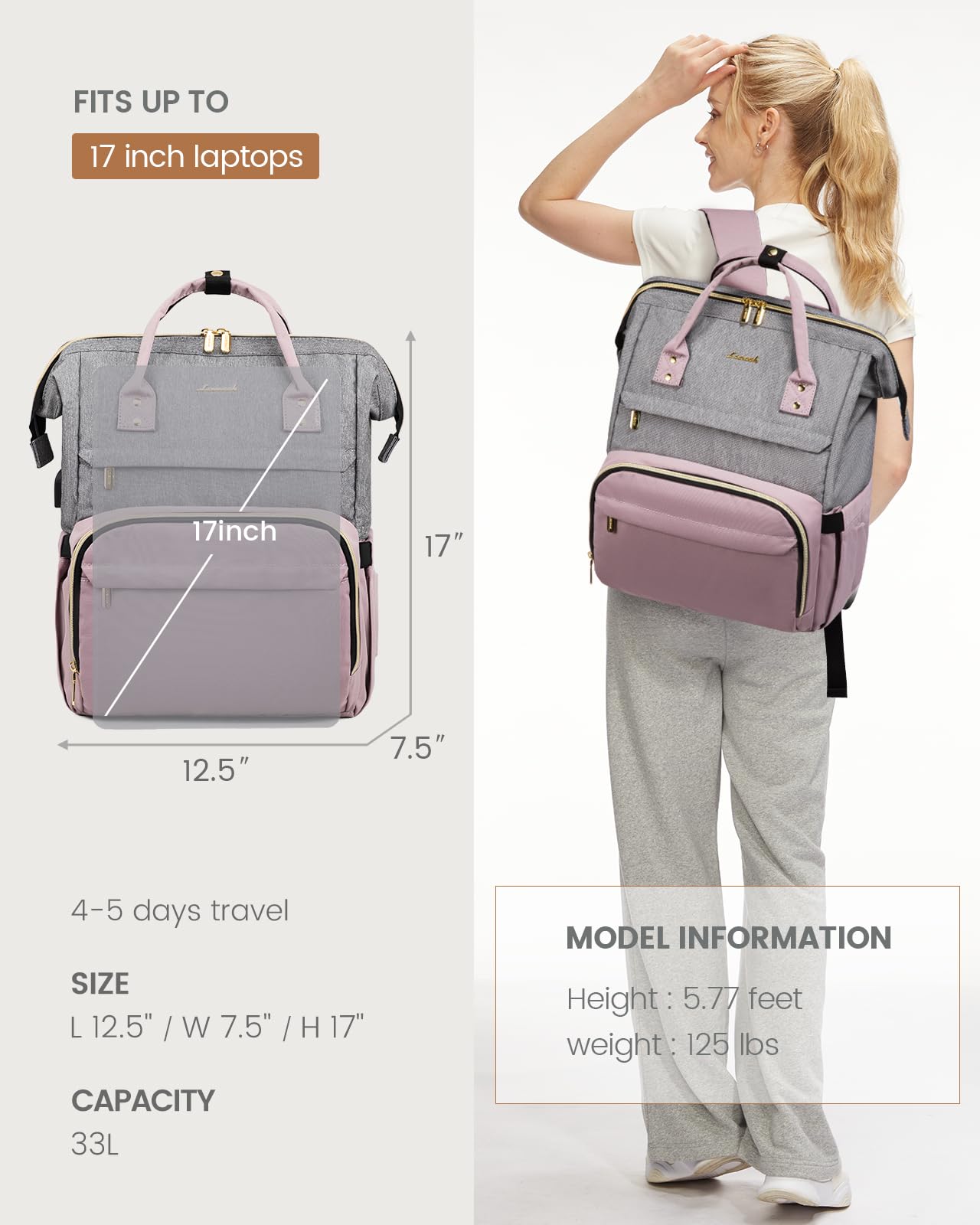 LOVEVOOK Women's Fashion Laptop Backpack with USB Port - Stylish Grey-Light Purple Business Travel Bag for Work, School, or Daily Commute, Fits 17-Inch Laptop