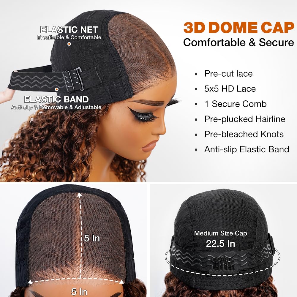 5x5 HD Lace Glueless Curly Human Hair Wig for Black Women - Preplucked Honey Blonde Wet & Wavy Wear & Go Wig for Beginners | Perfect for Daily Wear, Parties & Protective Styling