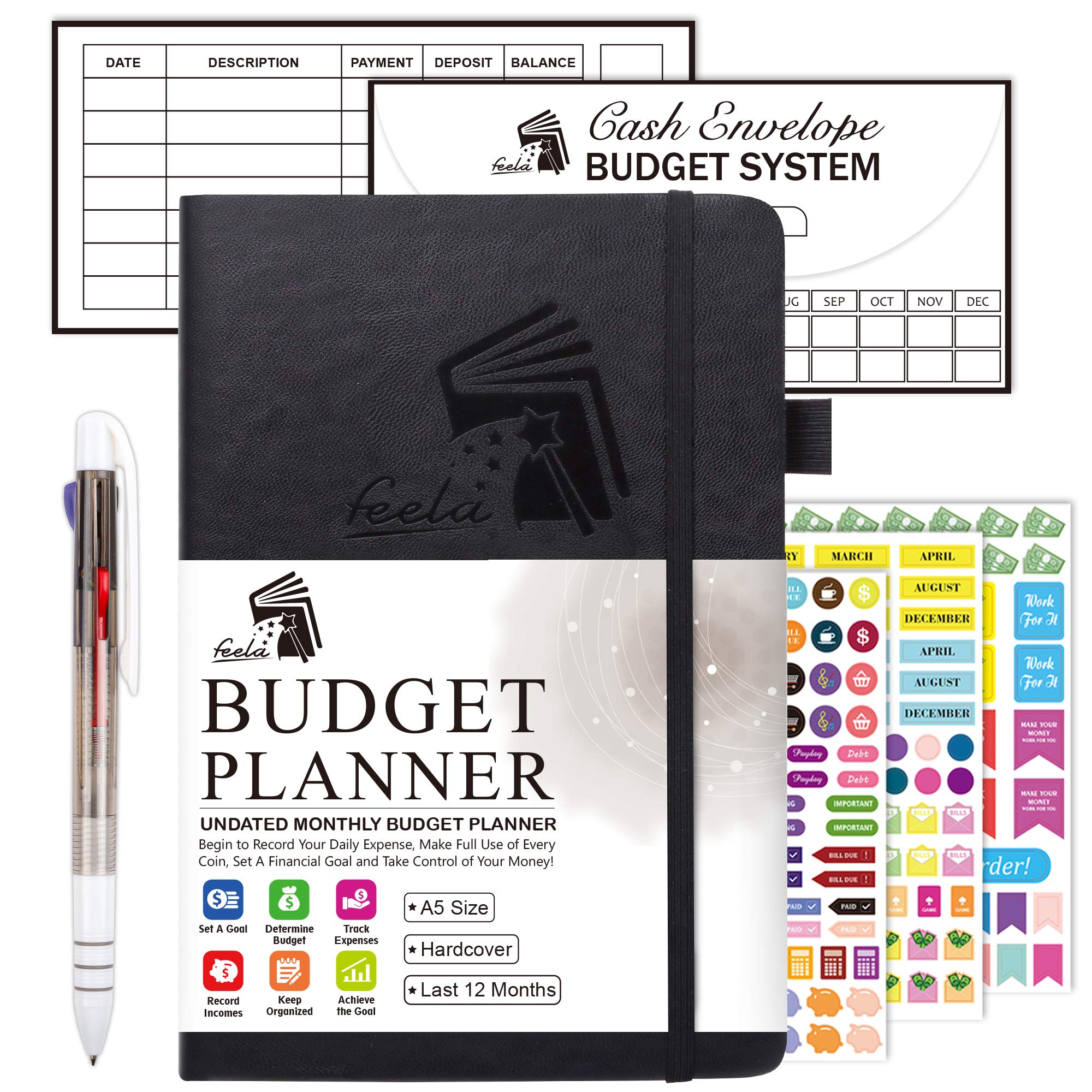 2025 Budget Planner - Undated Monthly Bill Organizer & Financial Journal with Expense Tracker | Includes Budget Envelopes, Stickers, Pen & User Manual | A5 Hardcover Money Management Notebook (Black) | Perfect for Personal Finance, Debt Tracking & Savings Goals