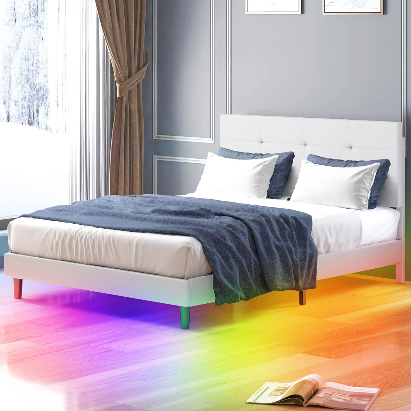 Mjkone Queen Size Platform Bed Frame with Smart RGB LED Strip Lights - Alexa & App Compatible, Upholstered Modern Design, Easy Assembly, No Box Spring Needed (White) - Perfect for Bedroom, Gaming Room & Smart Home Setup
