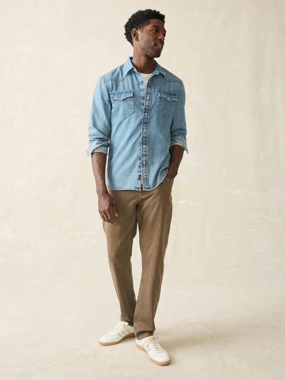 FAHERTY Faded Indigo Western Shirt for Men - Vintage Denim Cowboy Shirt with Pearl Snap Buttons - Perfect for Rodeo, Country Music Festivals & Casual Wear