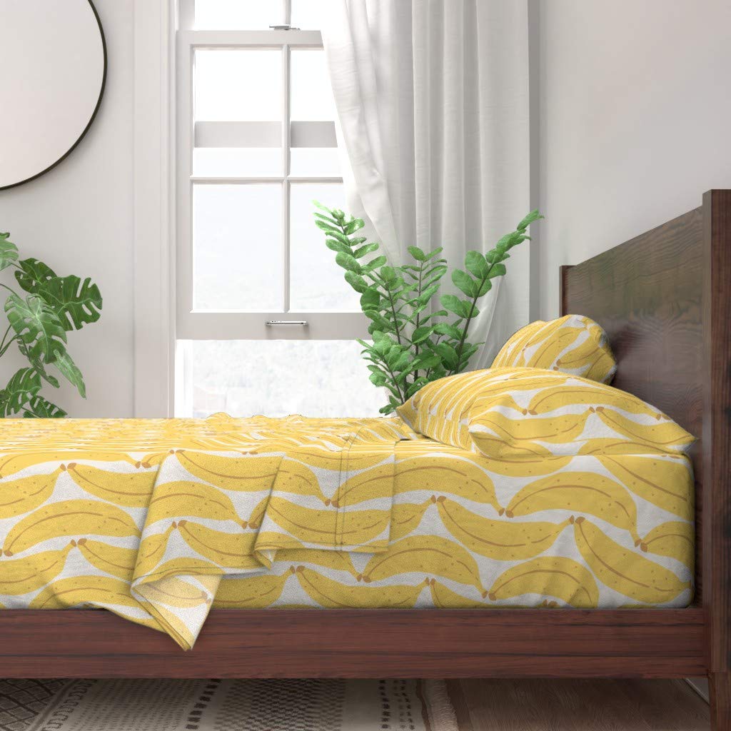 100% Cotton Twin Sheet Set 3pc - Tropical Banana Fruit Yellow Print Custom Bedding | Sweet Summer Decor for Kids Room, Dorm & Guest Bed
