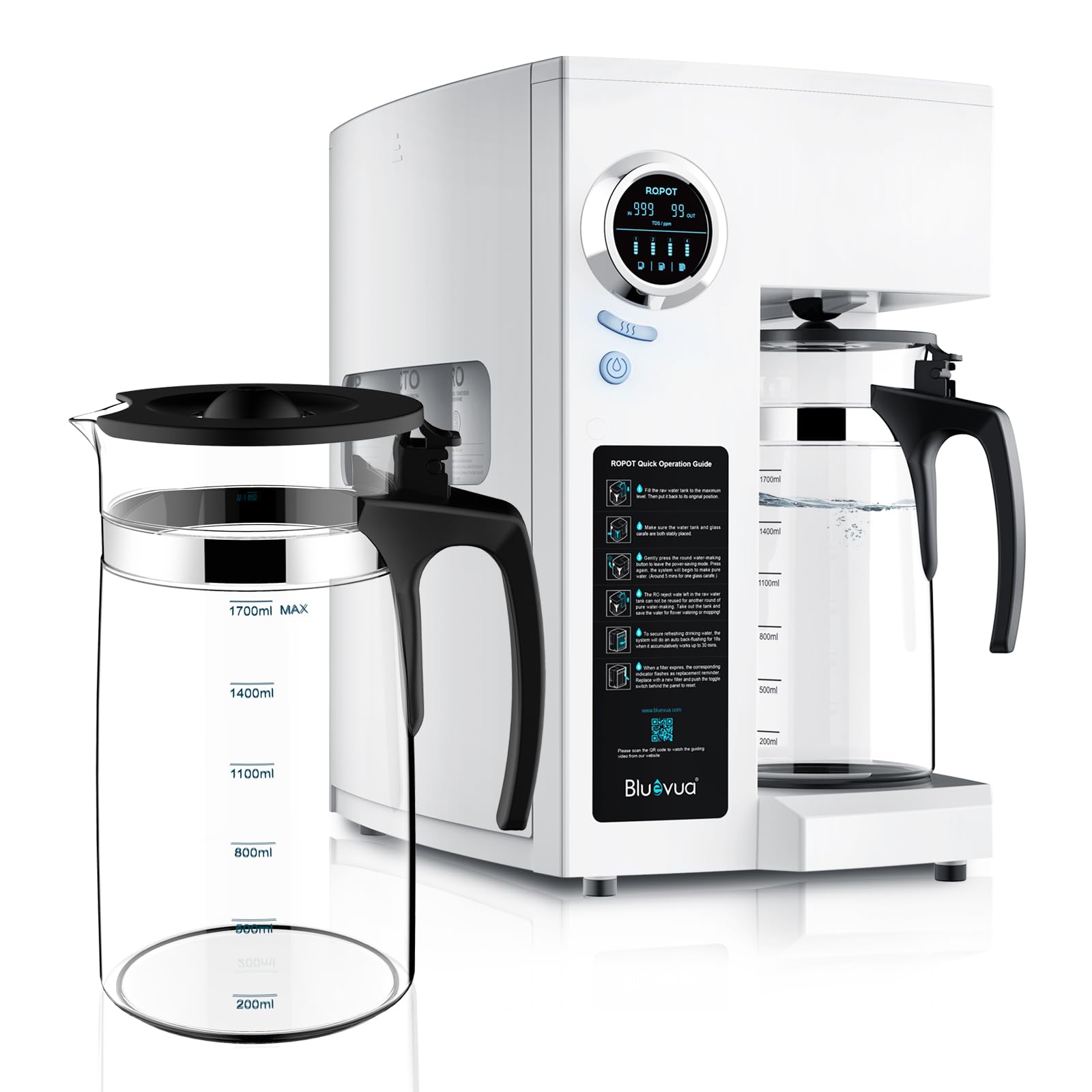 Bluevua RO100ROPOT Countertop Reverse Osmosis Water Filtration System with Extra Replacement Carafe - Perfect for Home, Office & RV Use