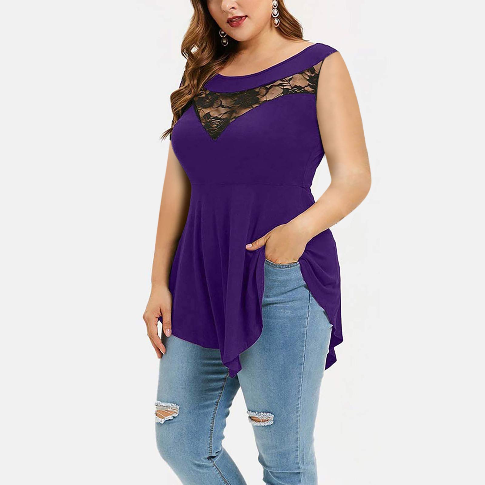 Floral Lace Plus Size Women's Asymmetric Sleeveless Blouse - Elegant O-Neck Top for Casual Wear, Parties & Special Occasions