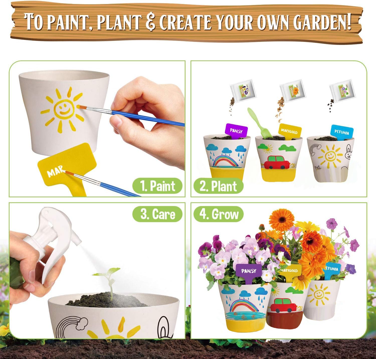 Paint and Plant Flower Growing Kit for Kids - Gardening Set with 3 Pots, Soil & Seeds - Creative Easter Gift for Boys & Girls Ages 5-12 - Fun Indoor Activity for Spring & Summer