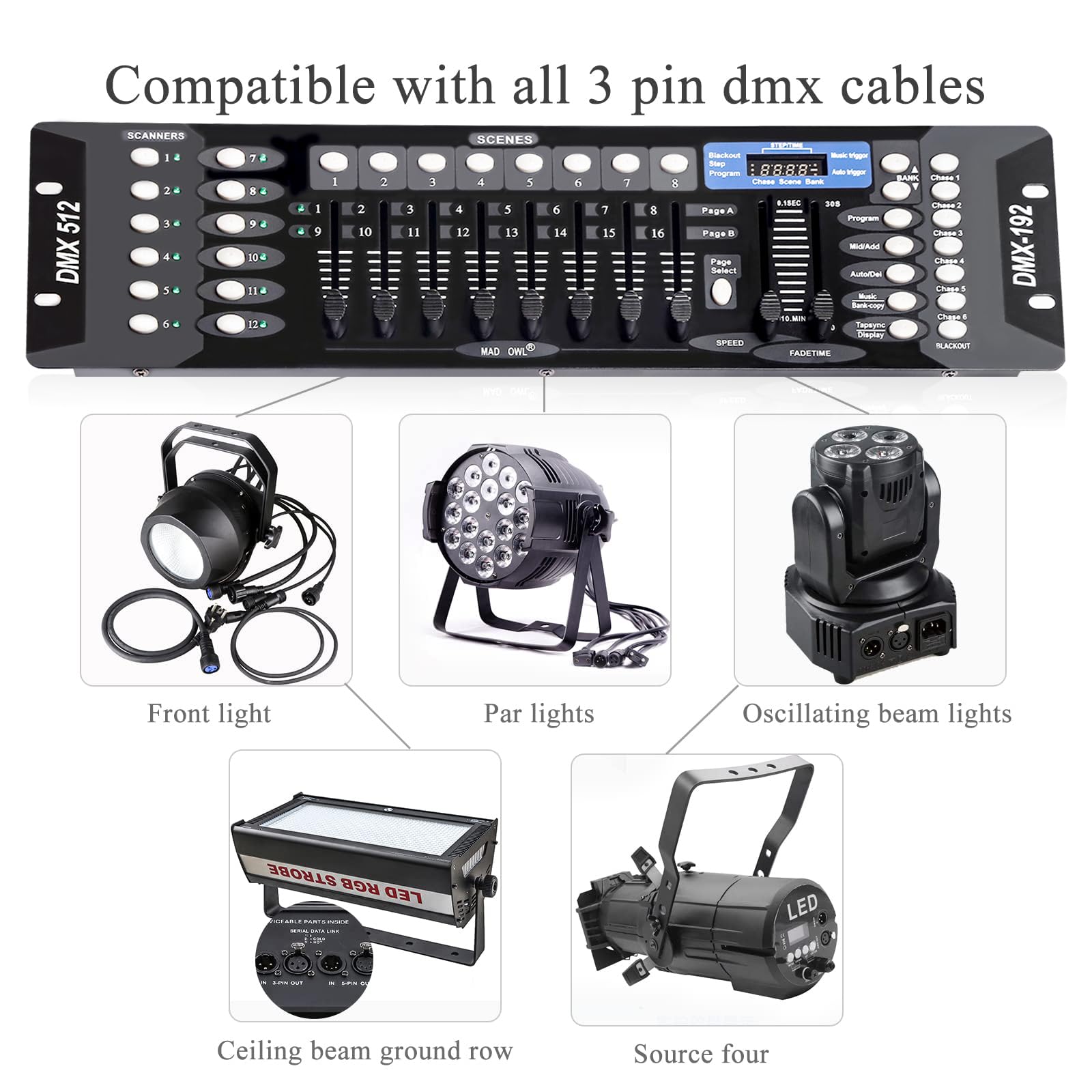 Professional 192-Channel DMX512 Controller for DJ Lights & Stage Lighting - DMX Board with 2m/6.6ft DMX Cables - Perfect for Clubs, Concerts & Live Events
