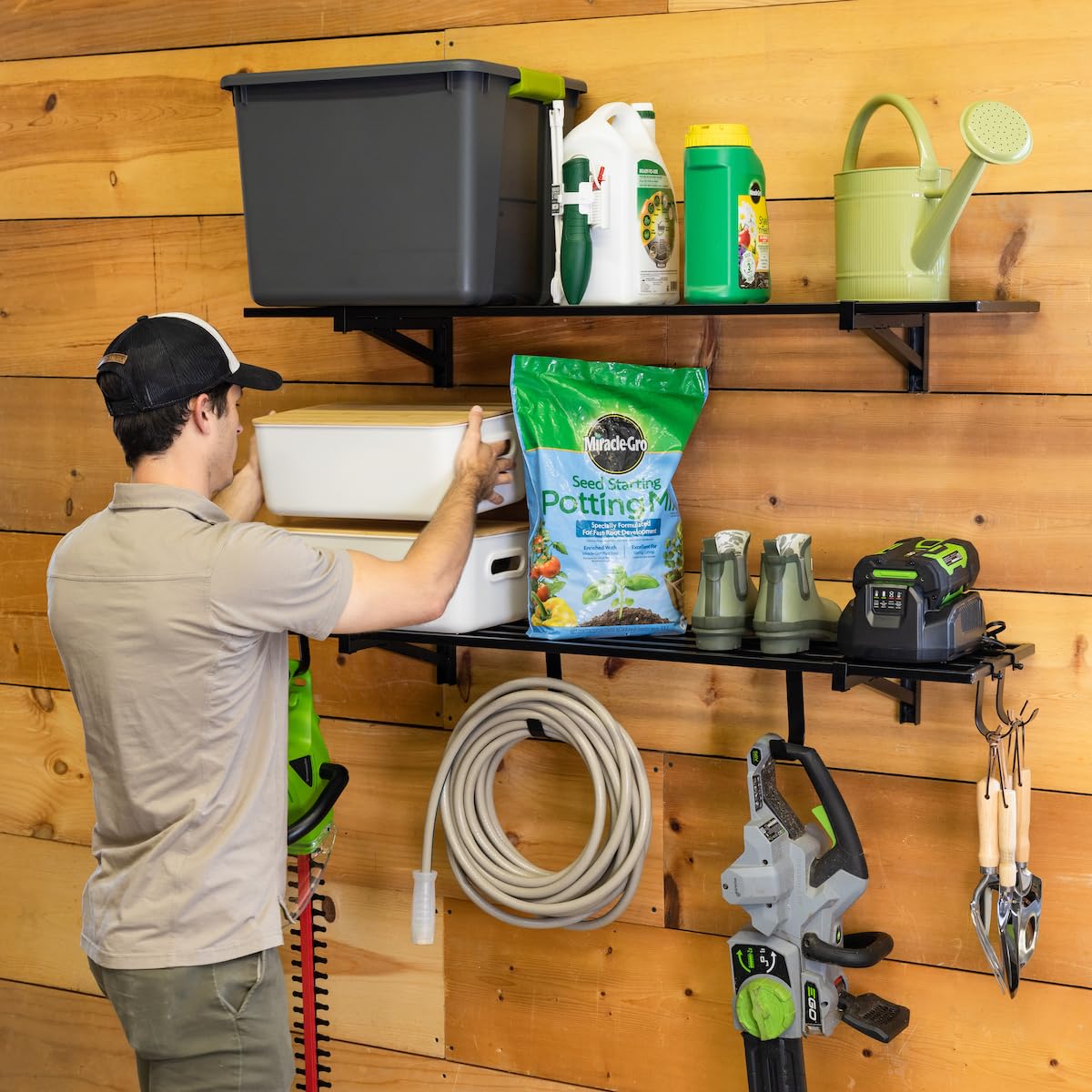 Heavy-Duty Garage Wall Mounted Shelves - 1' x 4' Steel Wall Storage Shelf with Hooks - 2 Pack - Each Holds 200 lbs - Perfect for Garage Organization, Workshop Storage & Home Tool Organization