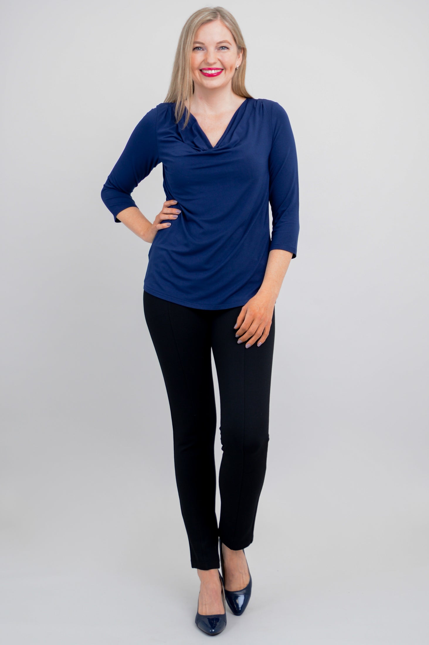 Charisse Women's 3/4 Sleeve V-Neck Bamboo Top in Indigo Blue | Soft Breathable Shirt for Casual Wear & Summer Outfits | Perfect for Office, Date Night & Weekend Errands