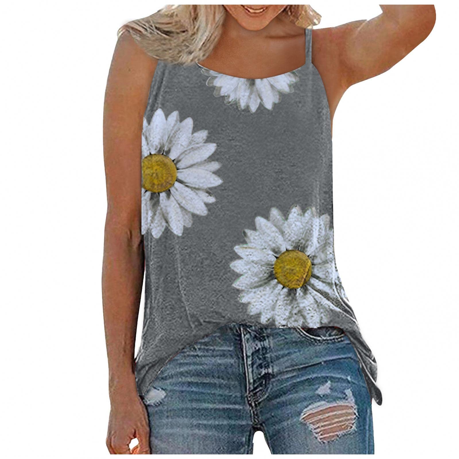 Women's Summer Graphic Tank Tops - Loose Sleeveless Daisy Print T-Shirts, Casual Camisoles & Holiday Vest Tees | Perfect for Beach Outings, Music Festivals & Summer Vacations