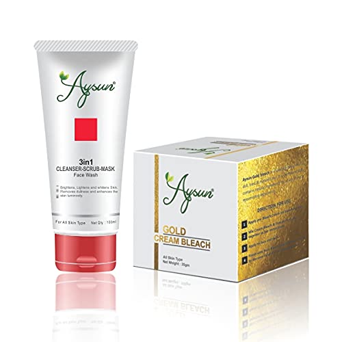 Aysun 3-in-1 Cleanser Scrub Mask Face Wash & Gold Cream Bleach (35g) Combo Pack of 2 - Deep Cleansing & Brightening Skincare Set for Daily Routine & Spa Days
